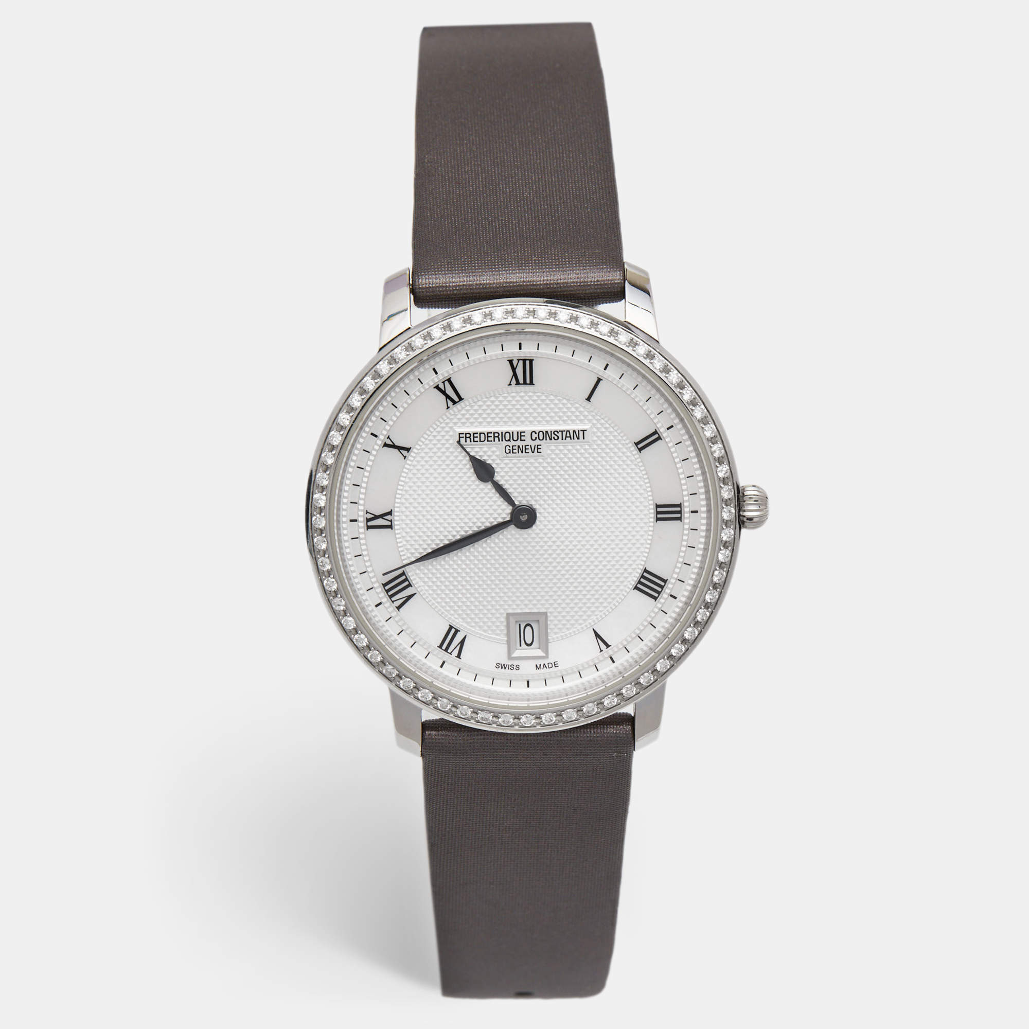 Frederique Constant Silver Stainless Steel Satin Diamond Slim Line FC-220M4SD36 Women's Wristwatch 37 mm
