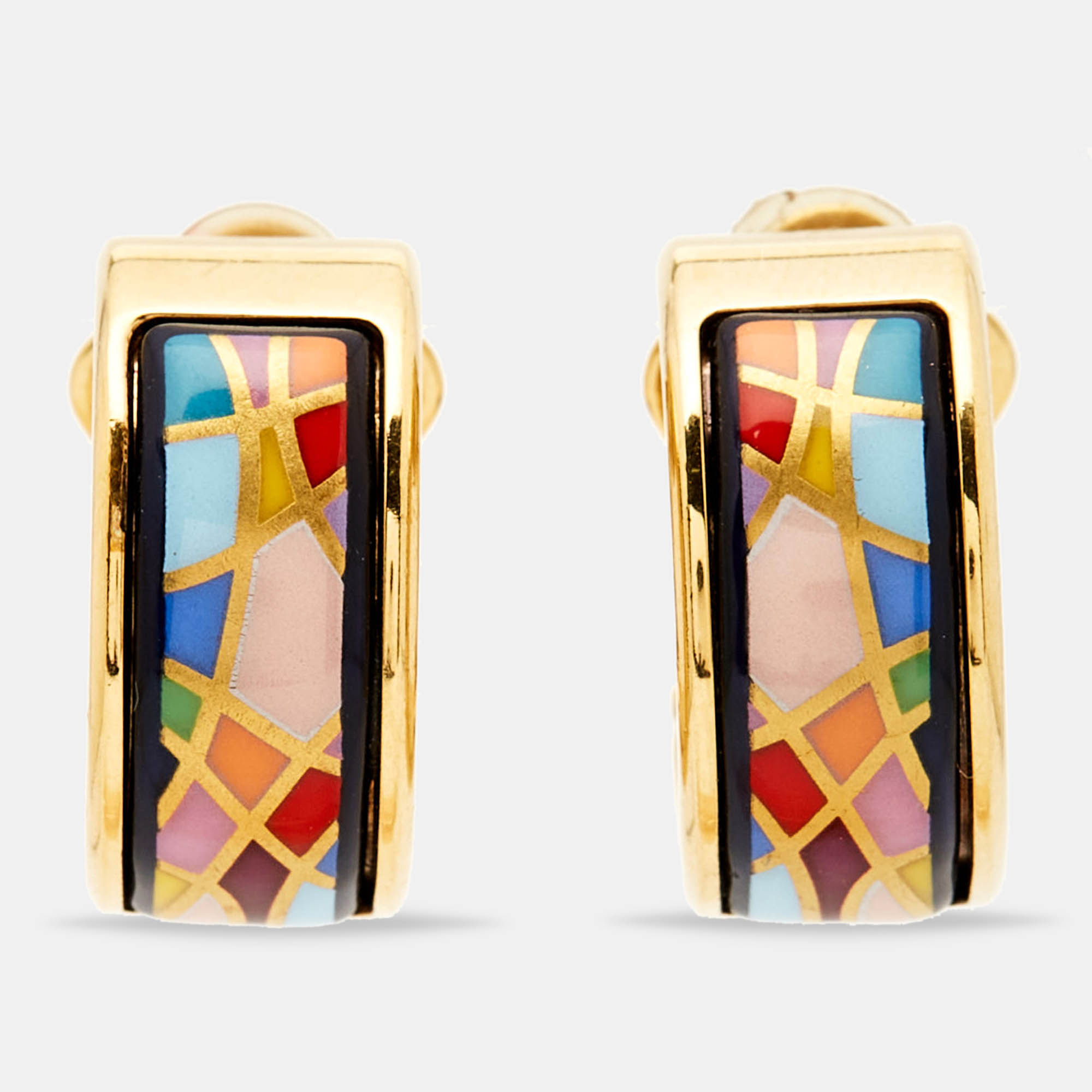 Pre Owned Frey Wille Multicolor Fire Enamel Gold Plated Hoop Earrings