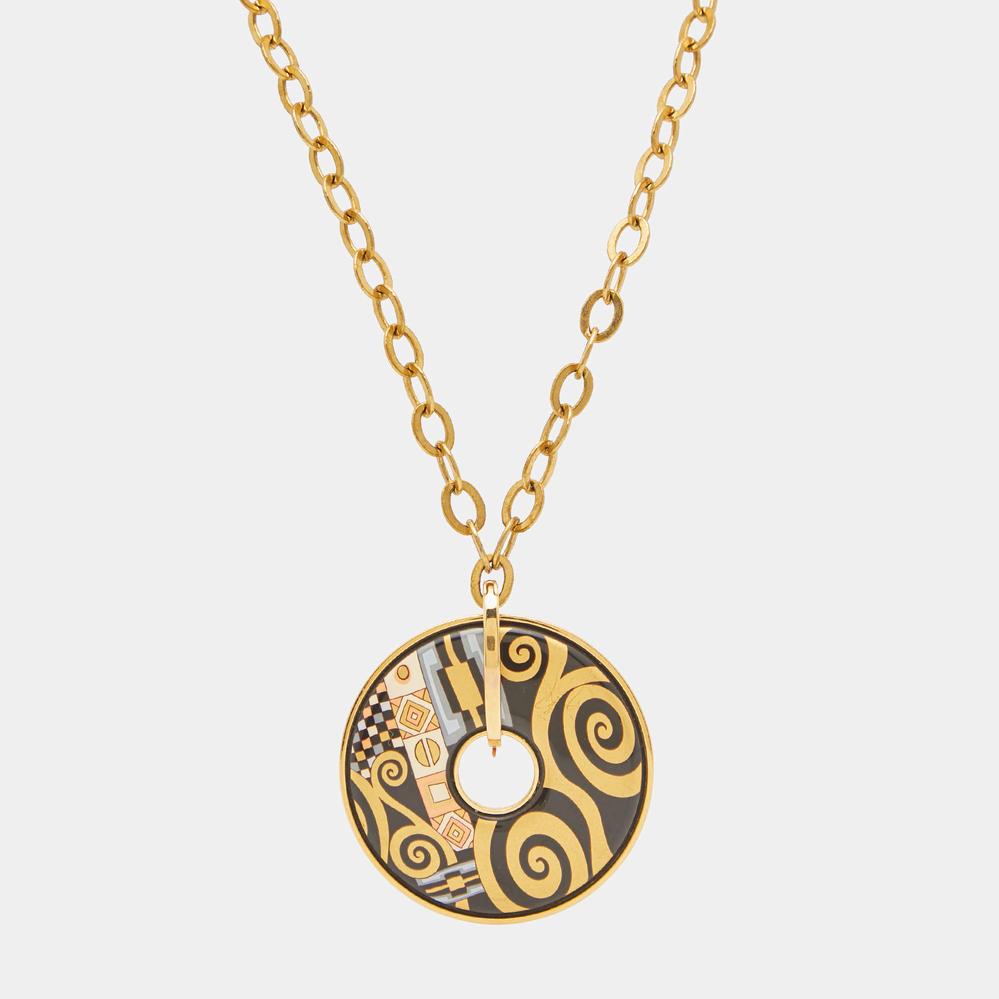 Pre Owned FreyWille Gustav Klimt Adele Bloch-Bauer Luna Piena Fire Enamel Gold Tone Pendant Necklace