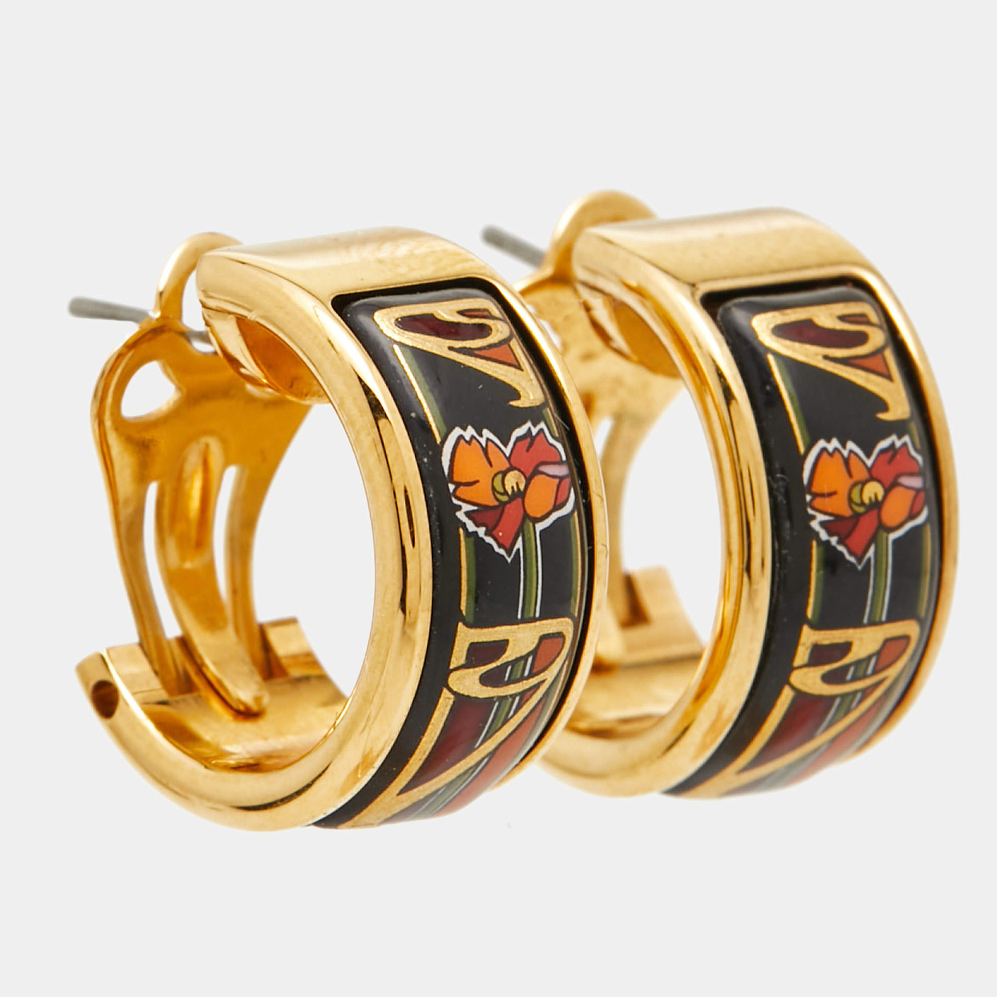 Pre Owned Frey Wille Multicolor Fire Enamel Gold Tone Hoop Earrings