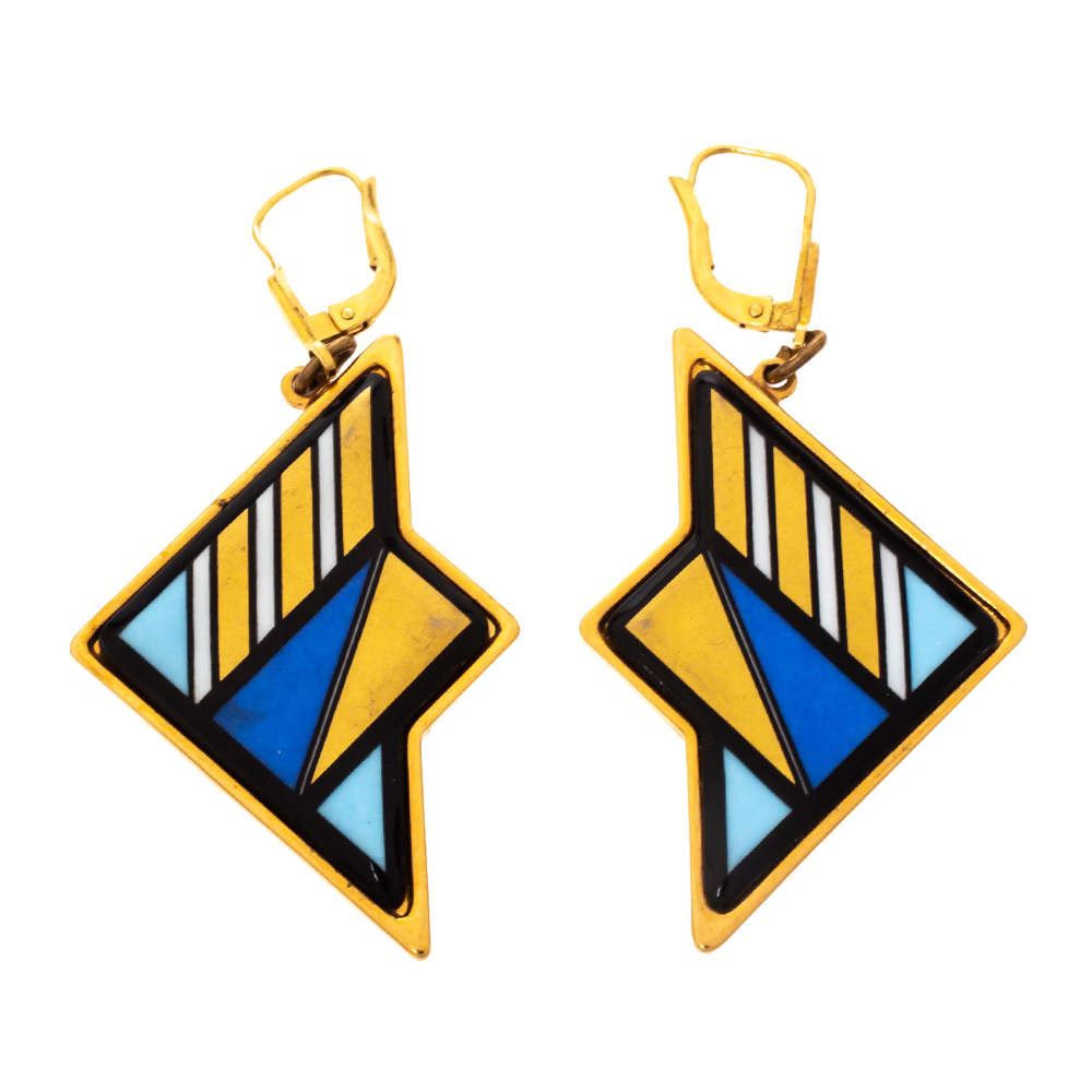 Pre Owned Frey Wille Multicolor Fire Enamel Gold Tone Dangle Earrings