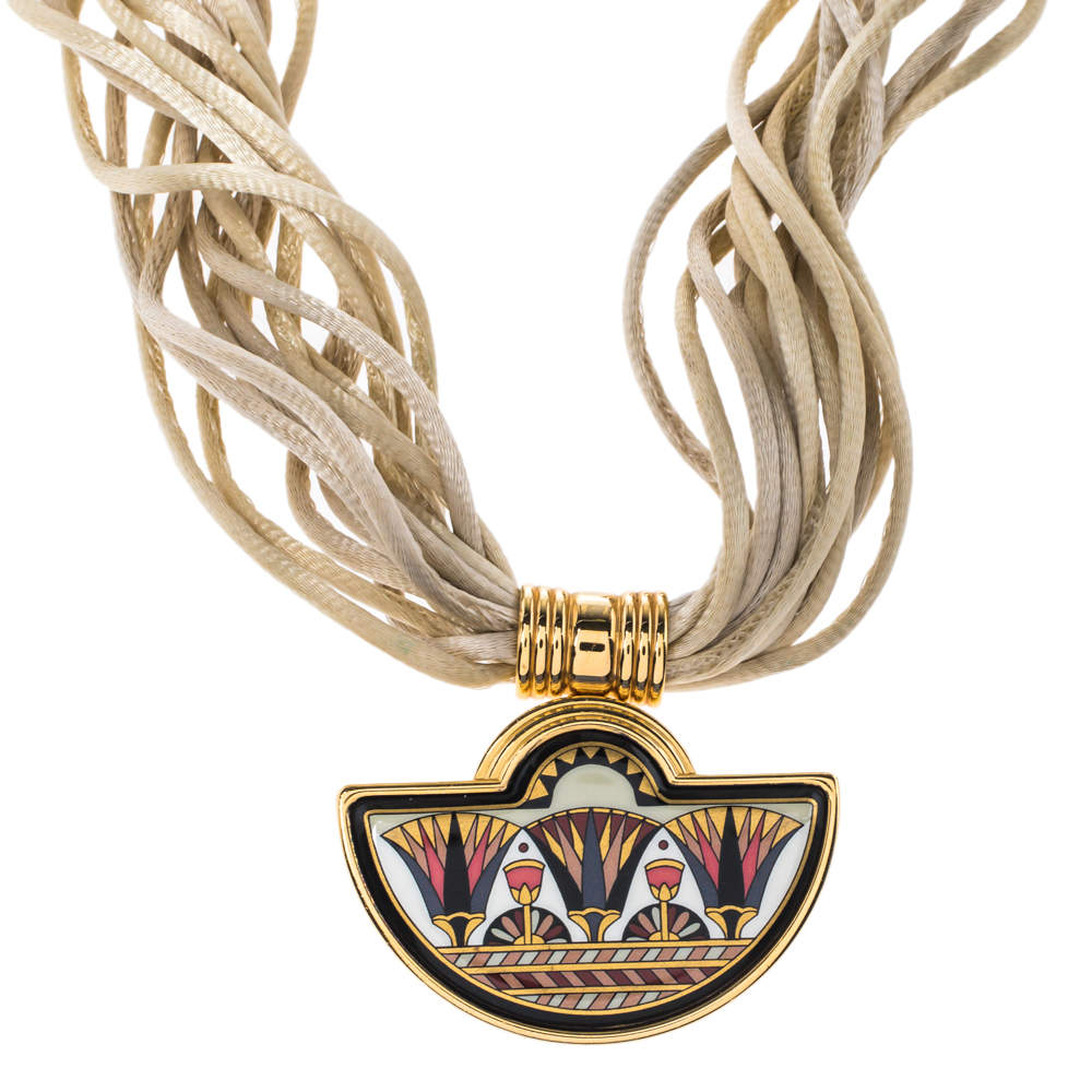 Pre Owned Frey Wille Fire Enamel Gold Plated Multi Strand Silk Cord Halfmoon Pendant Necklace