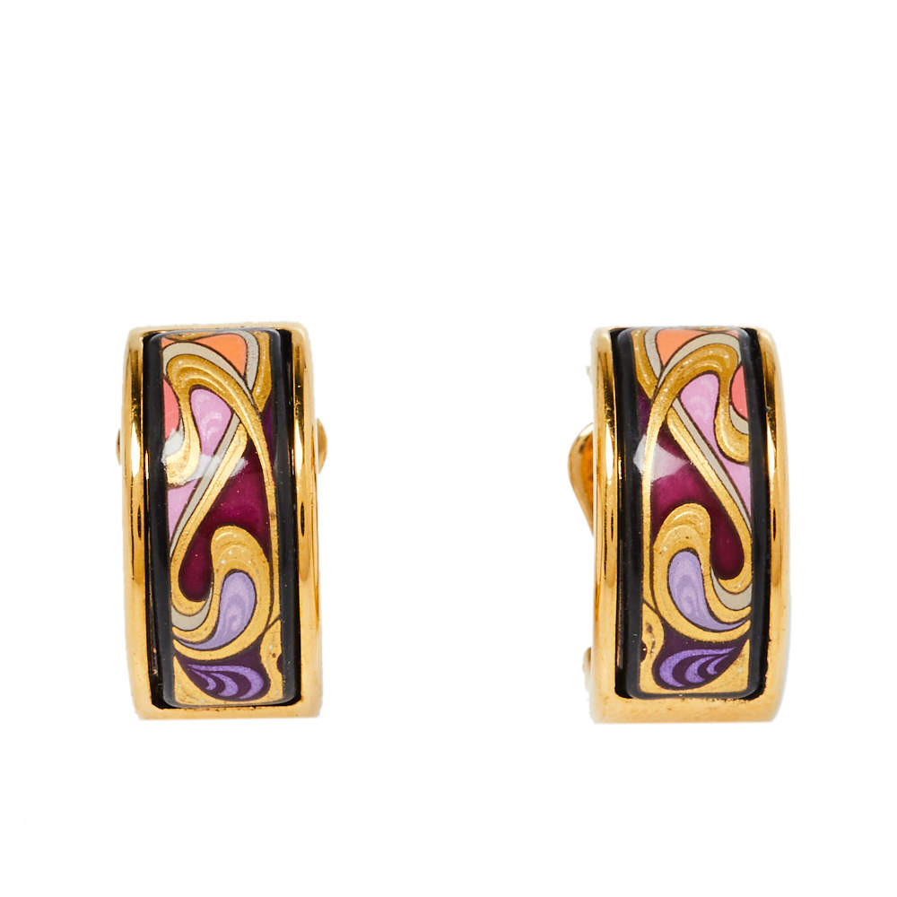 Pre Owned Frey Wille Hommage à Alphonse Mucha Fire Enamel Gold Plated Hoop Earrings