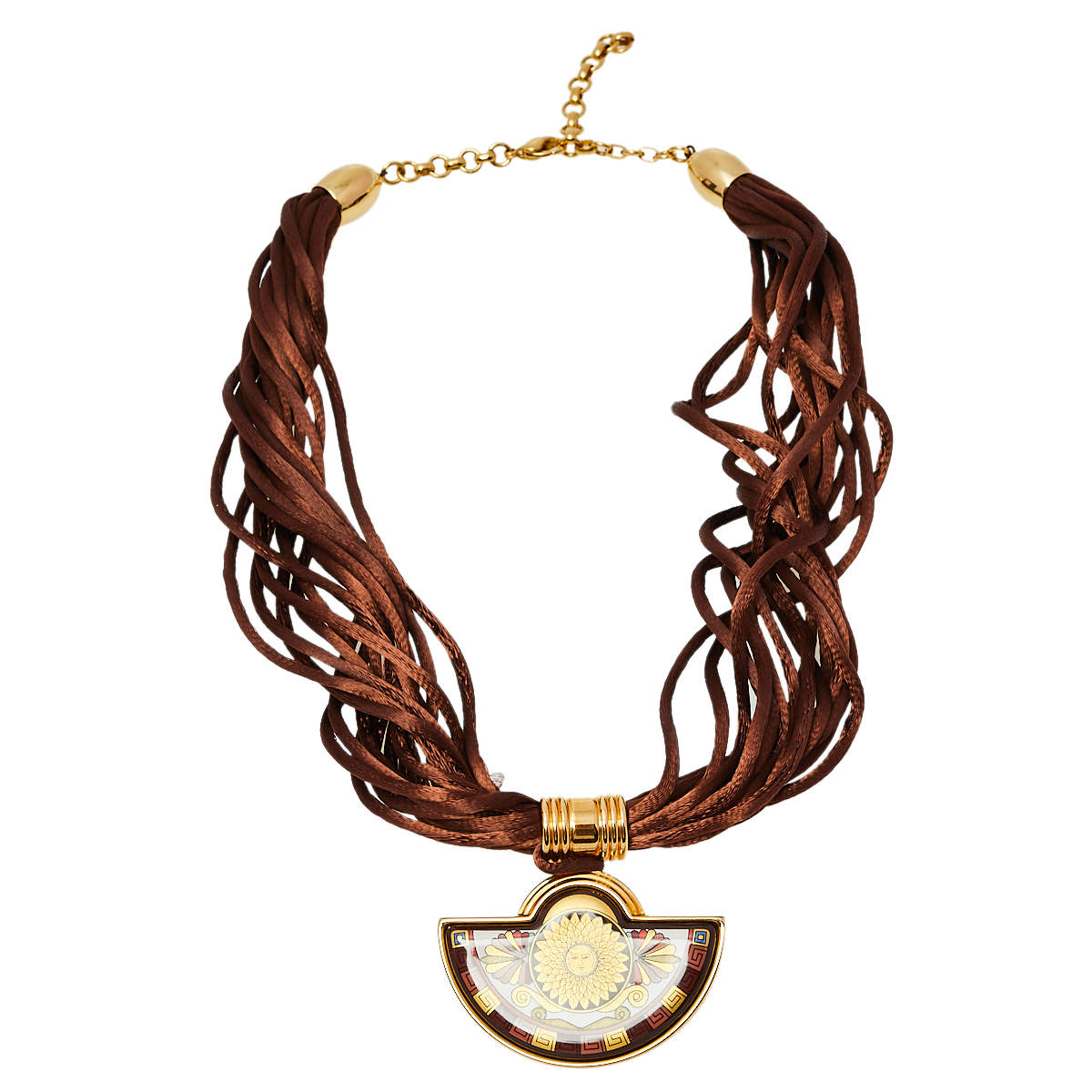 Pre Owned Frey Wille Vintage Sun Motif Brown Fire Enamel Gold Plated Half Moon Pendant Necklace