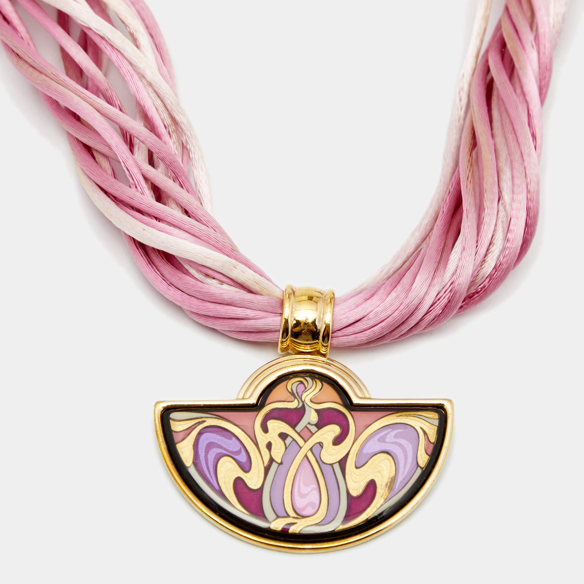 Pre Owned Frey Wille Hommage à Alphonse Mucha Fire Enamel Half Moon Pendant Multi Cord Necklace