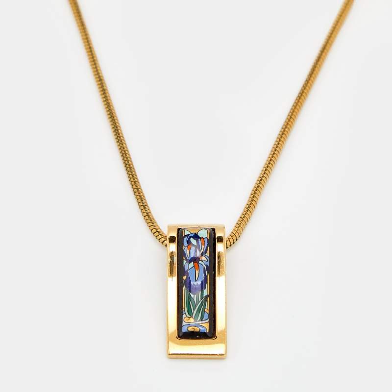 Pre Owned Frey Wille Claude Monet Iris Fire Enamel Gold Plated Pendant Necklace