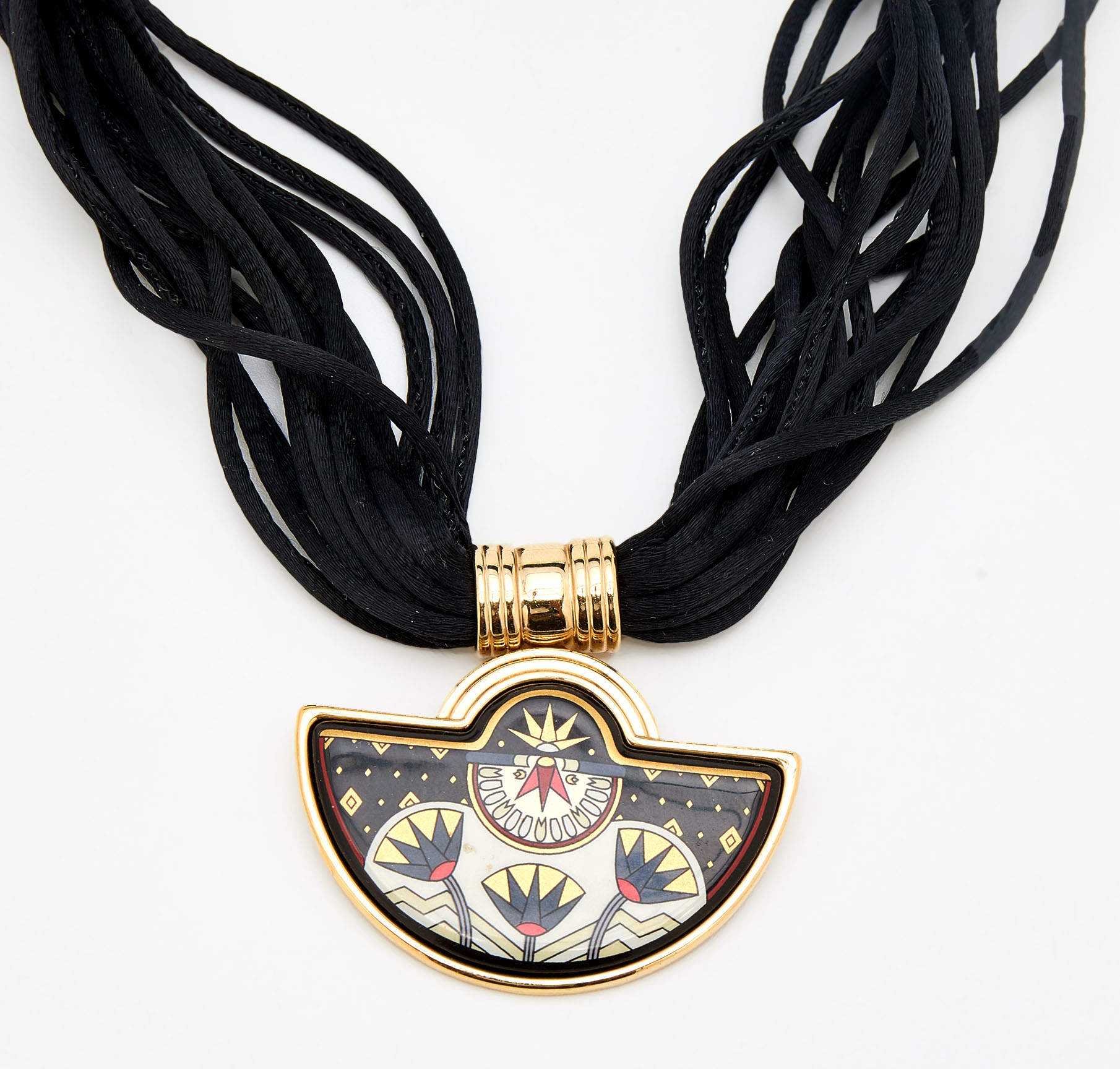 Pre Owned Frey Wille Fire Enamel Gold Plated Multi Strand Silk Cord Halfmoon Pendant Necklace