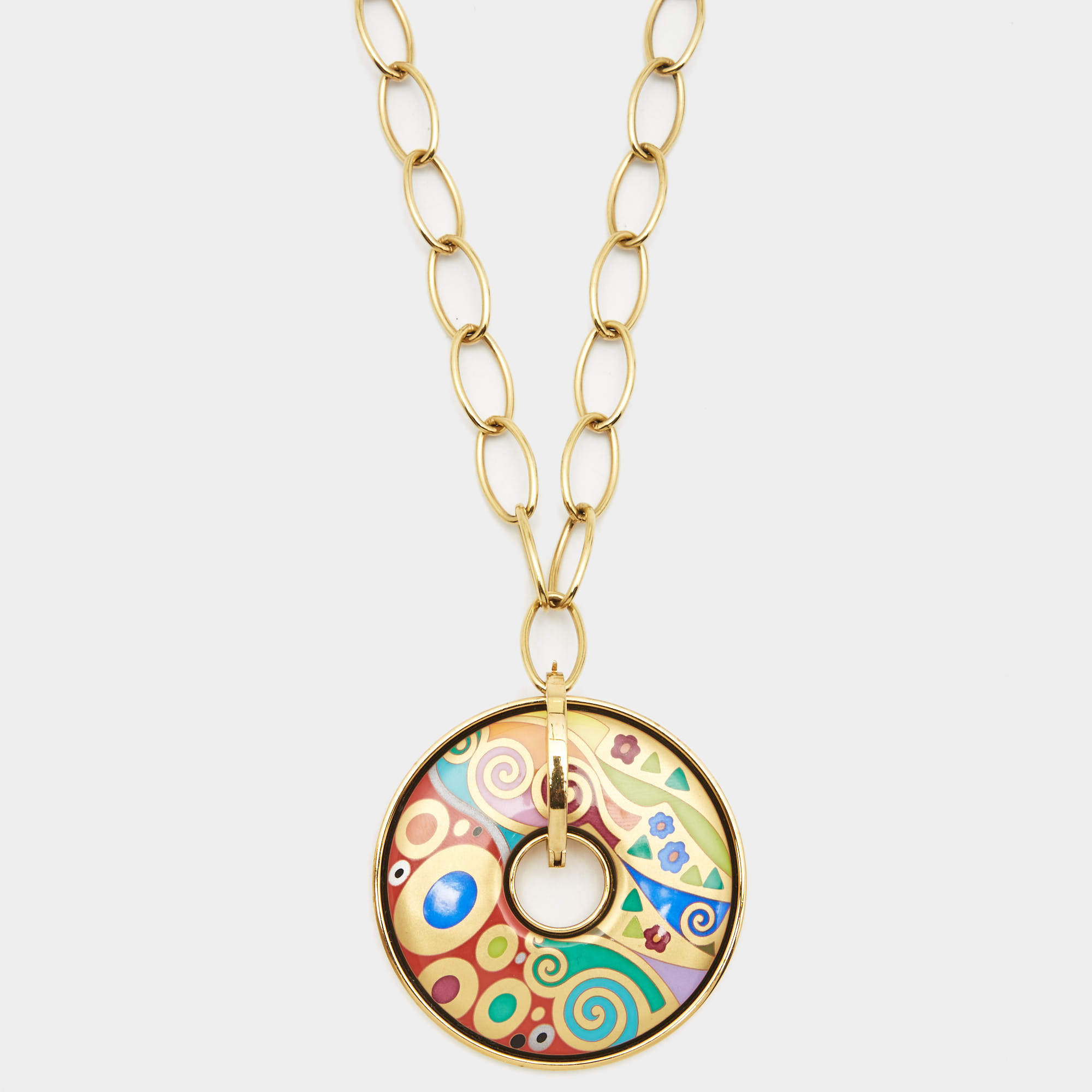 Pre Owned Frey Wille Hommage À Alphonse Mucha Fire Enamel Luna Piena Gold Tone Pendant Necklace