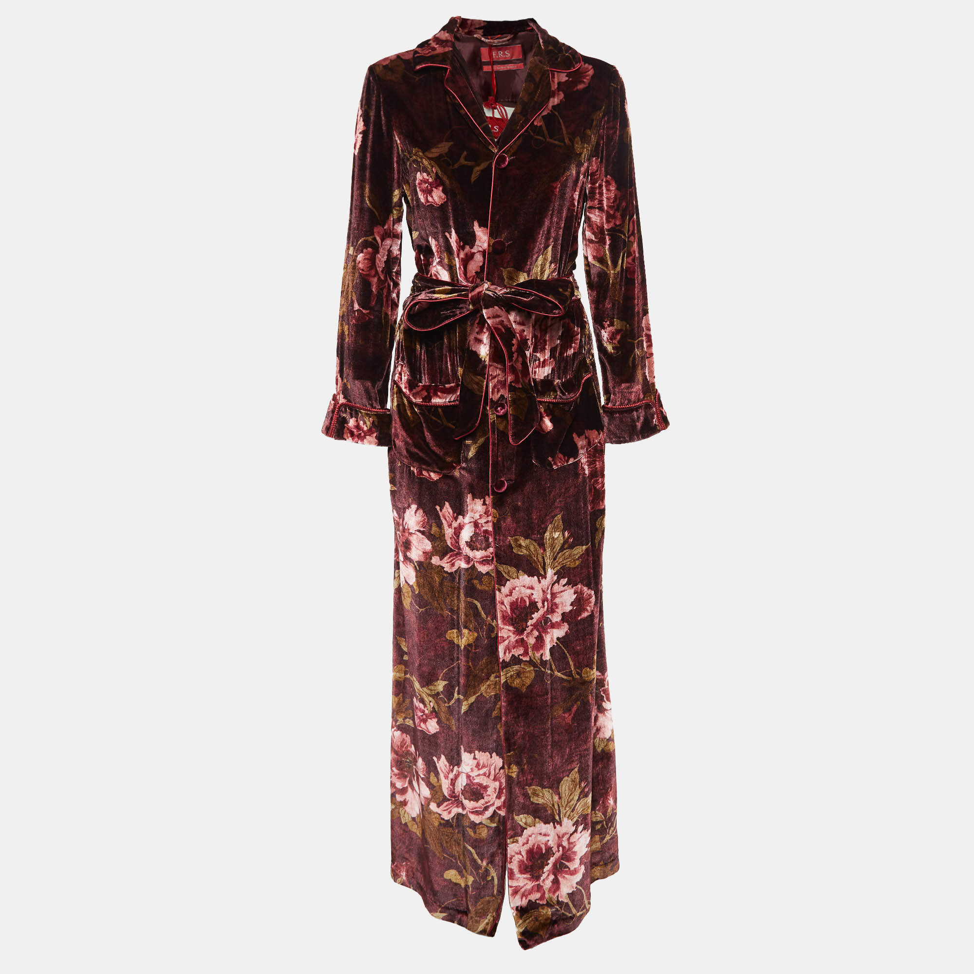 F.R.S For Restless Sleepers Burgundy Floral Print Velvet Robe Dress M