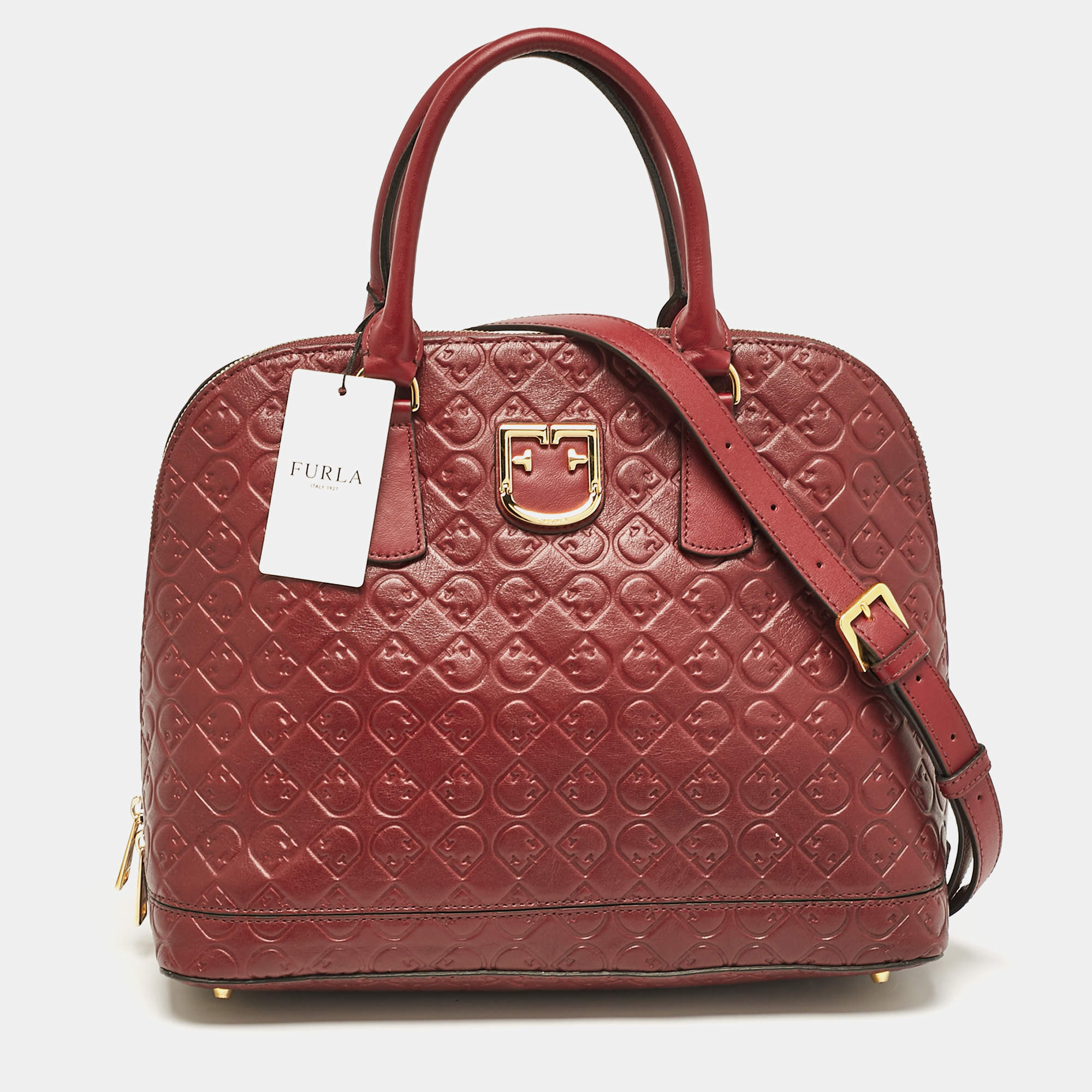 Pre Owned Furla Red Embossed Leather Fantastica Dome Satchel