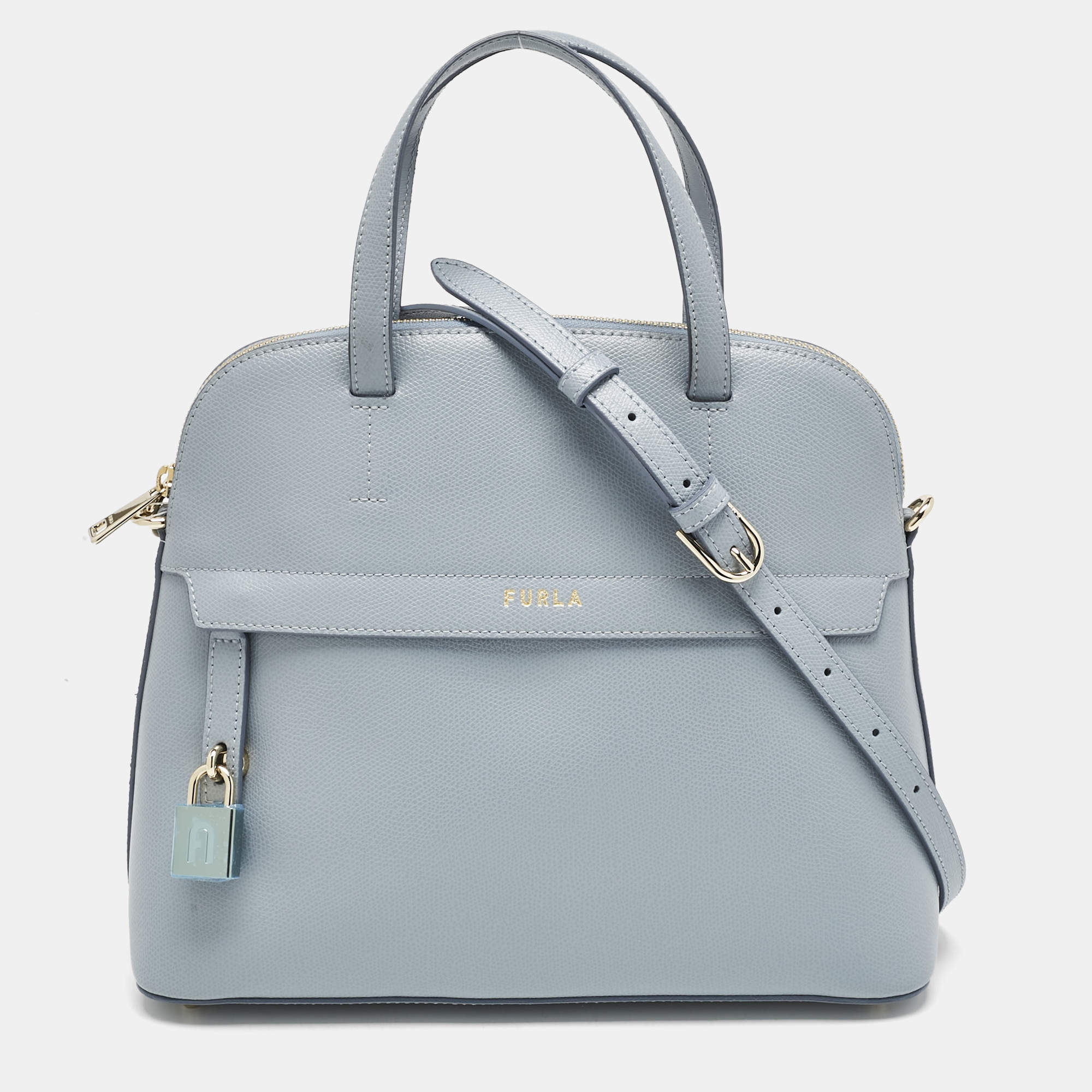 Furla Light Blue Leather Medium Piper Dome Satchel