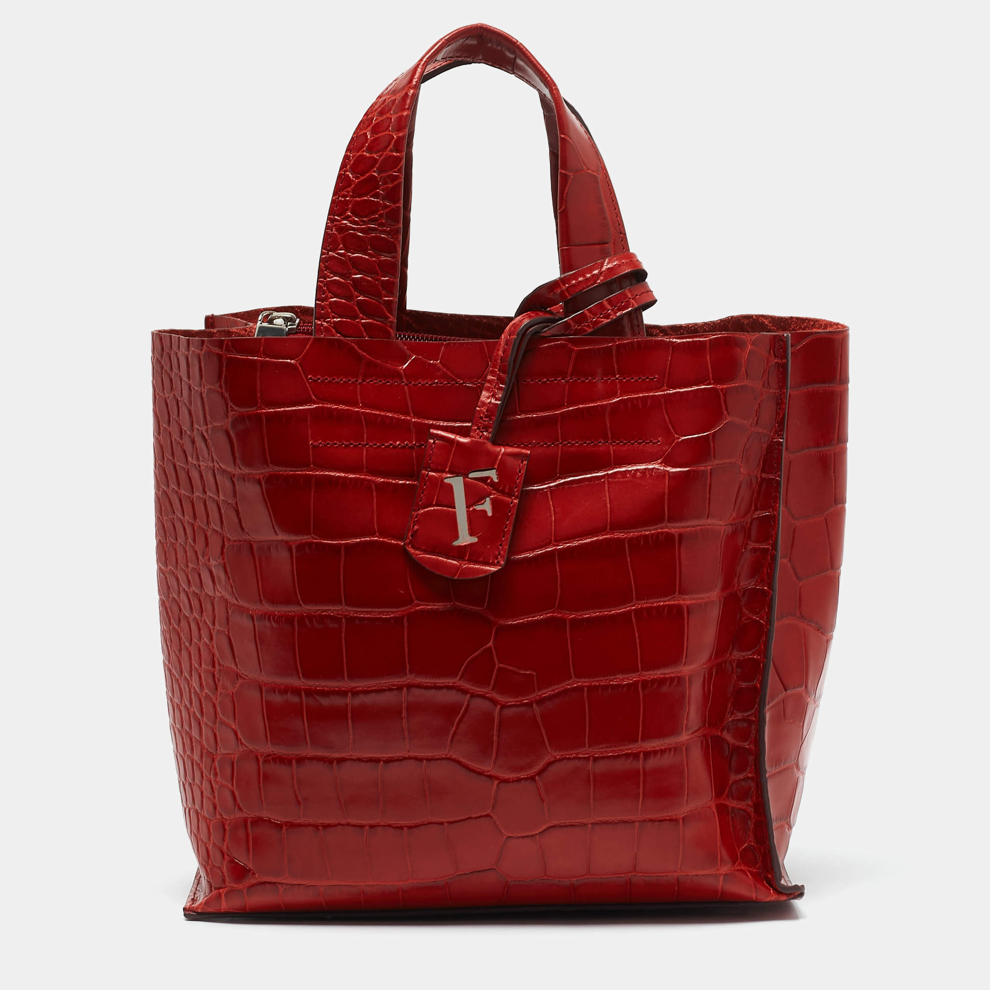 Furla Red Croc Embossed Leather Divide It Tote