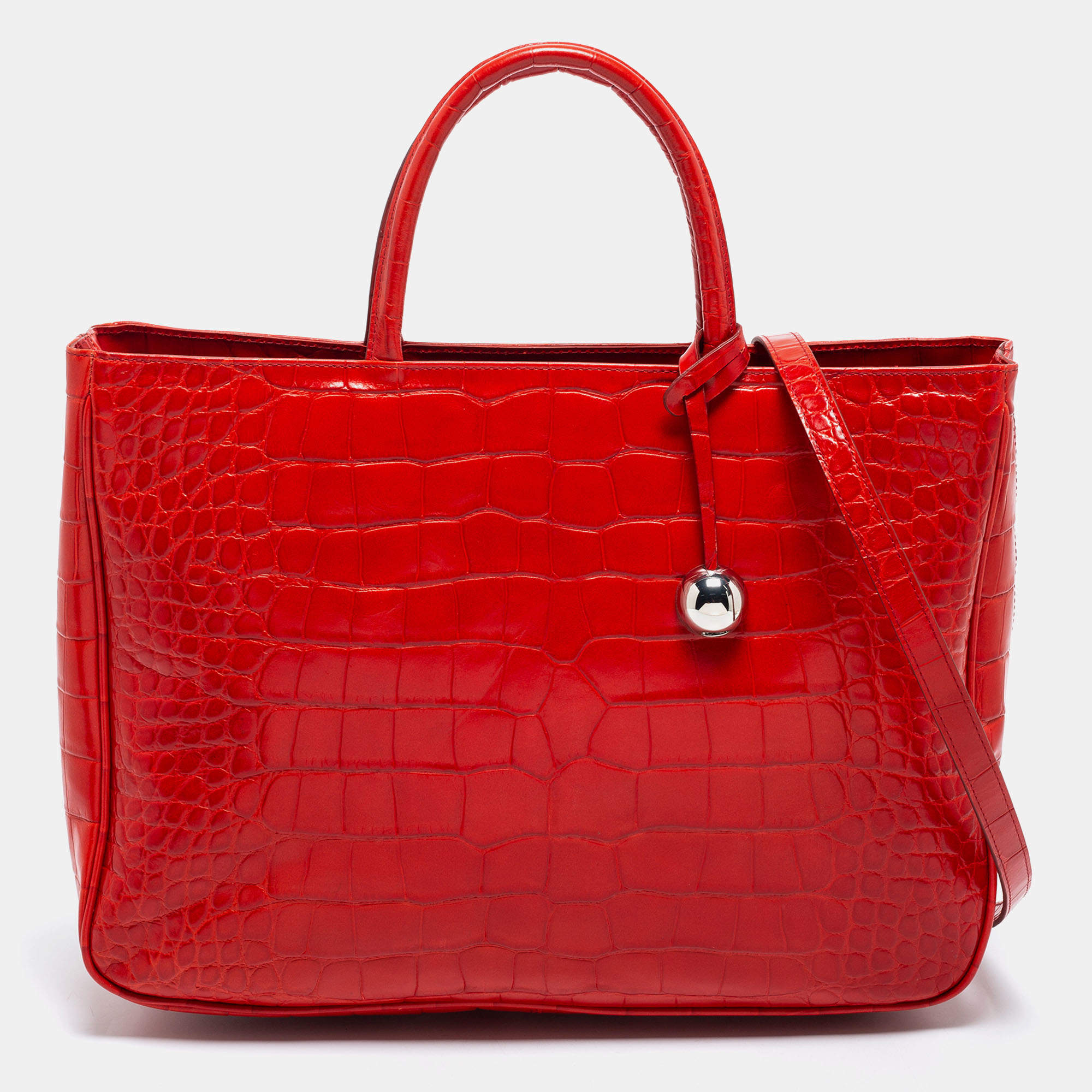 Pre Owned Furla Red Croc Embossed Leather Tote