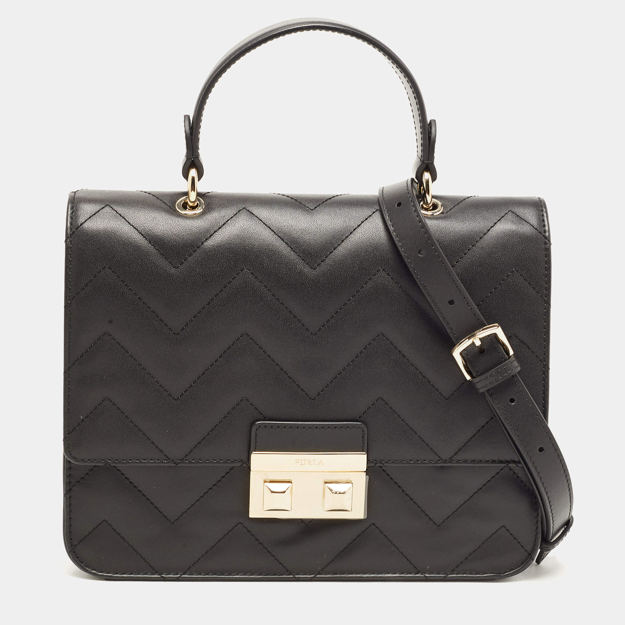 Pre Owned Furla Black Quilted Leather Bella Top Handle Bag