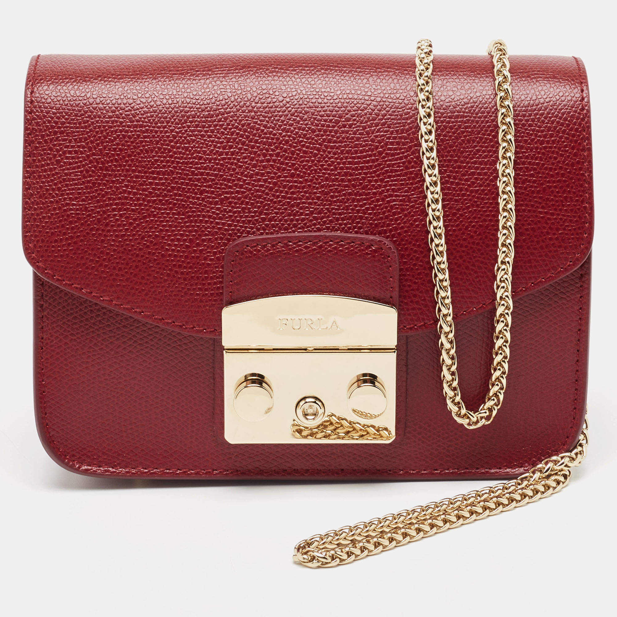 Pre Owned Furla Dark Red Leather Mini Metropolis Crossbody Bag