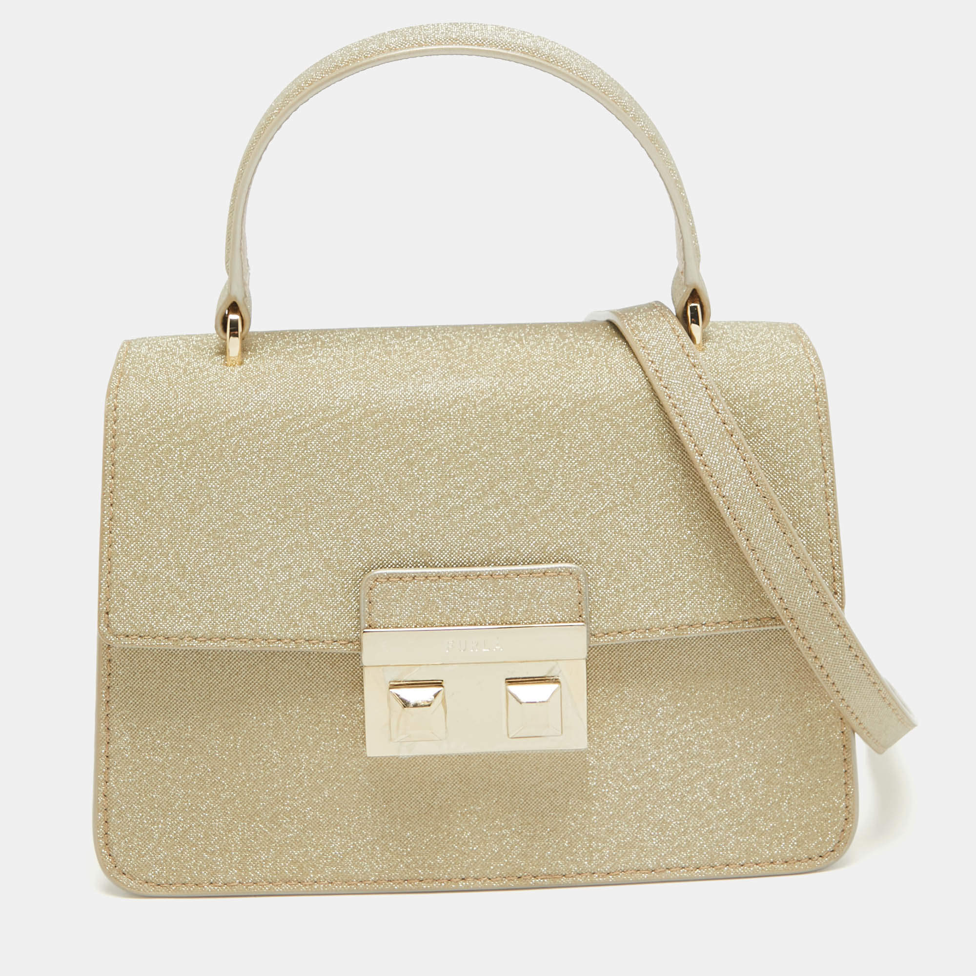 Furla Gold Glitter Tessuto Fabric Mini Bella Top Handle Bag