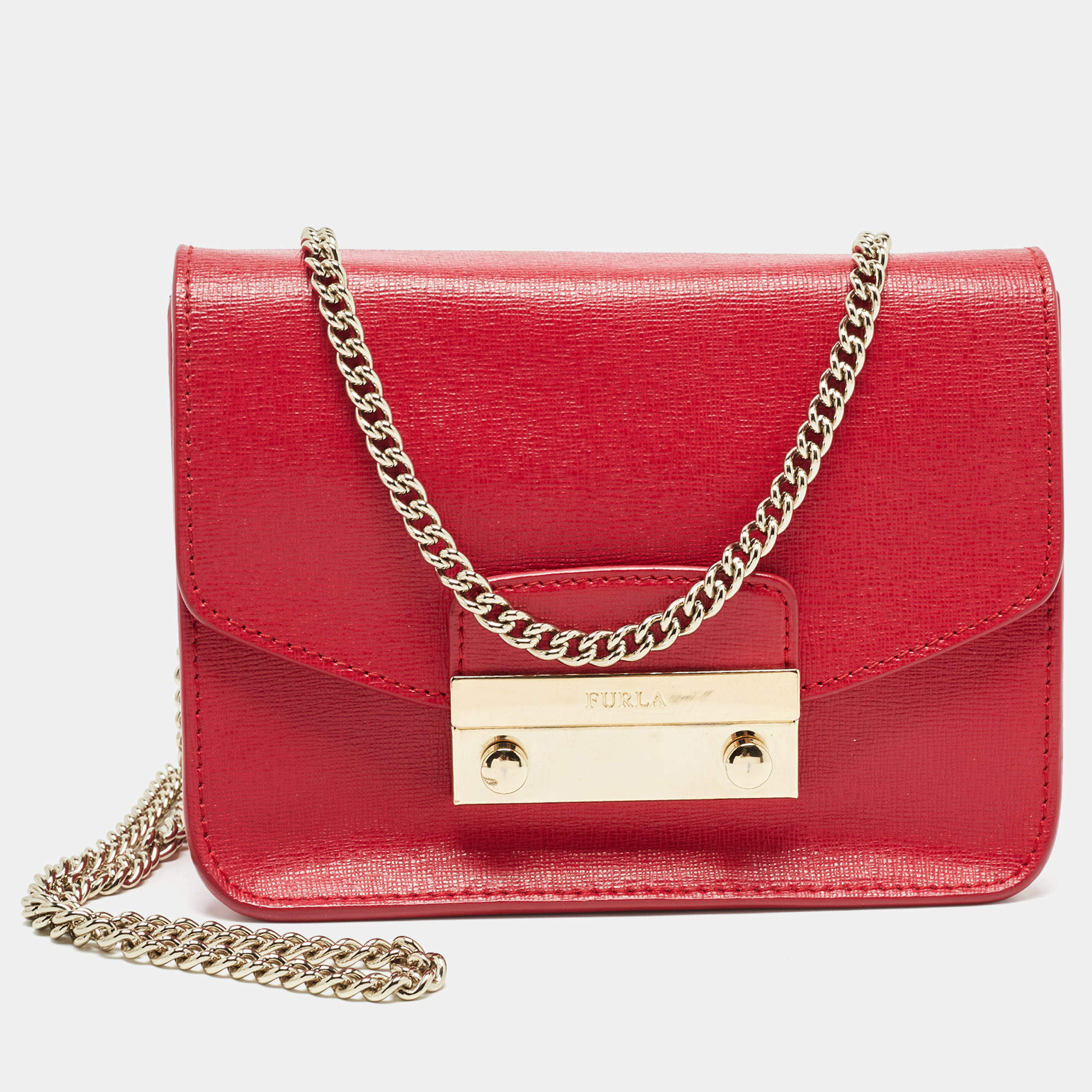 Furla Red Leather Mini Metropolis Chain Shoulder Bag