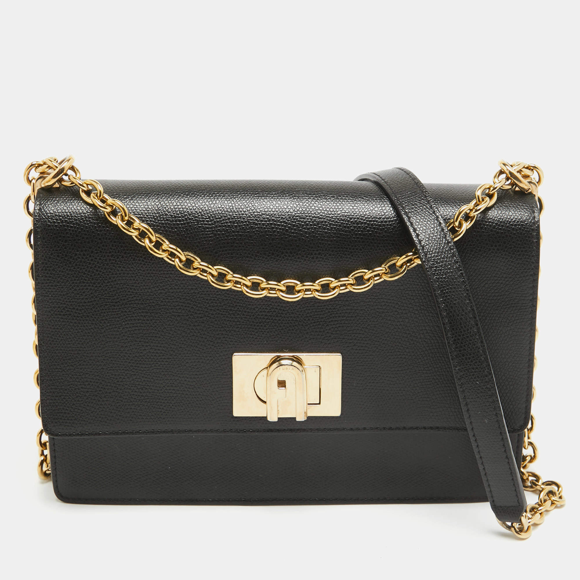 Furla Black Leather 1927 Flap Shoulder Bag