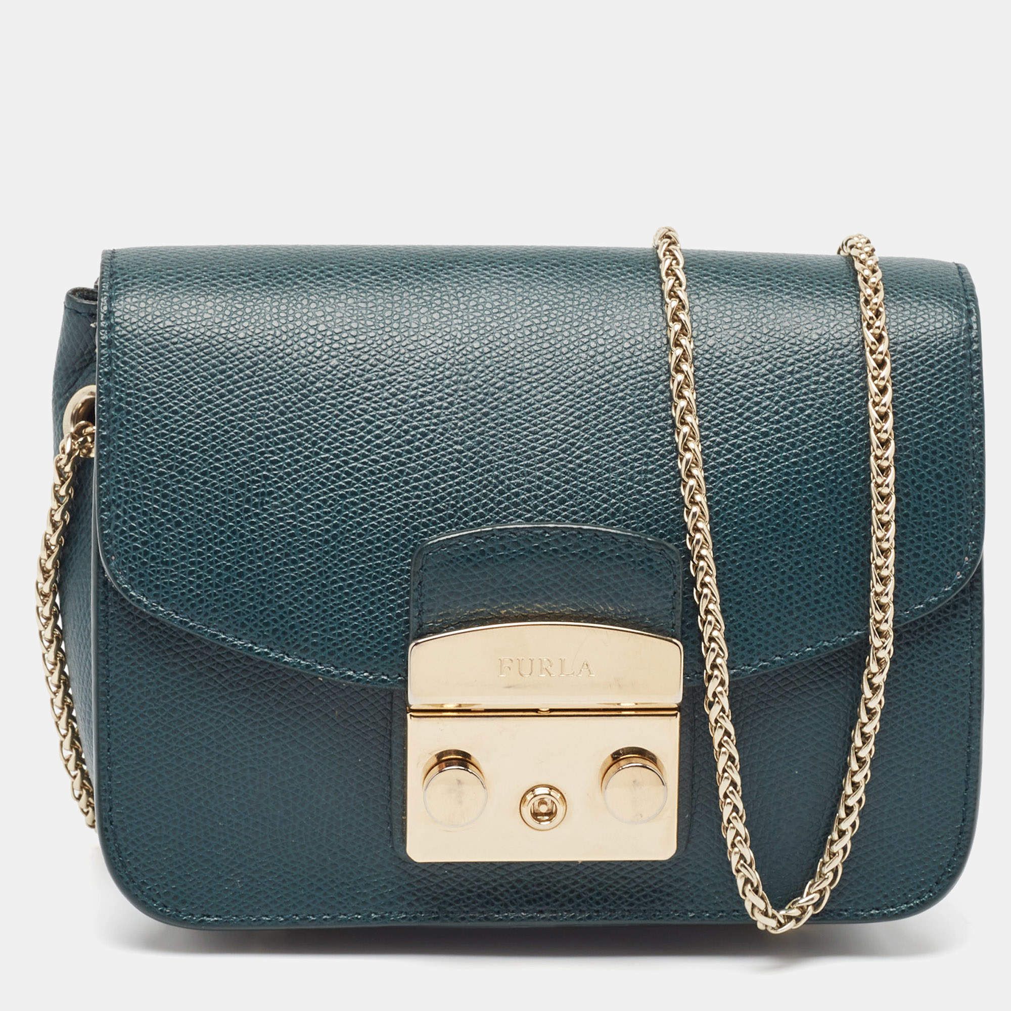 Pre Owned Furla Green Leather Mini Metropolis Chain Crossbody Bag