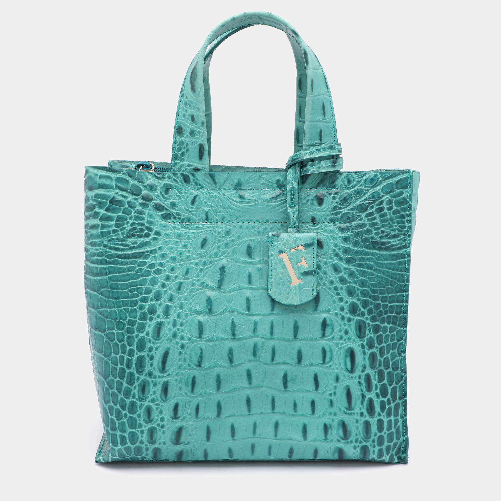 Pre Owned Furla Turquoise Croc Embossed Leather Divide It Tote