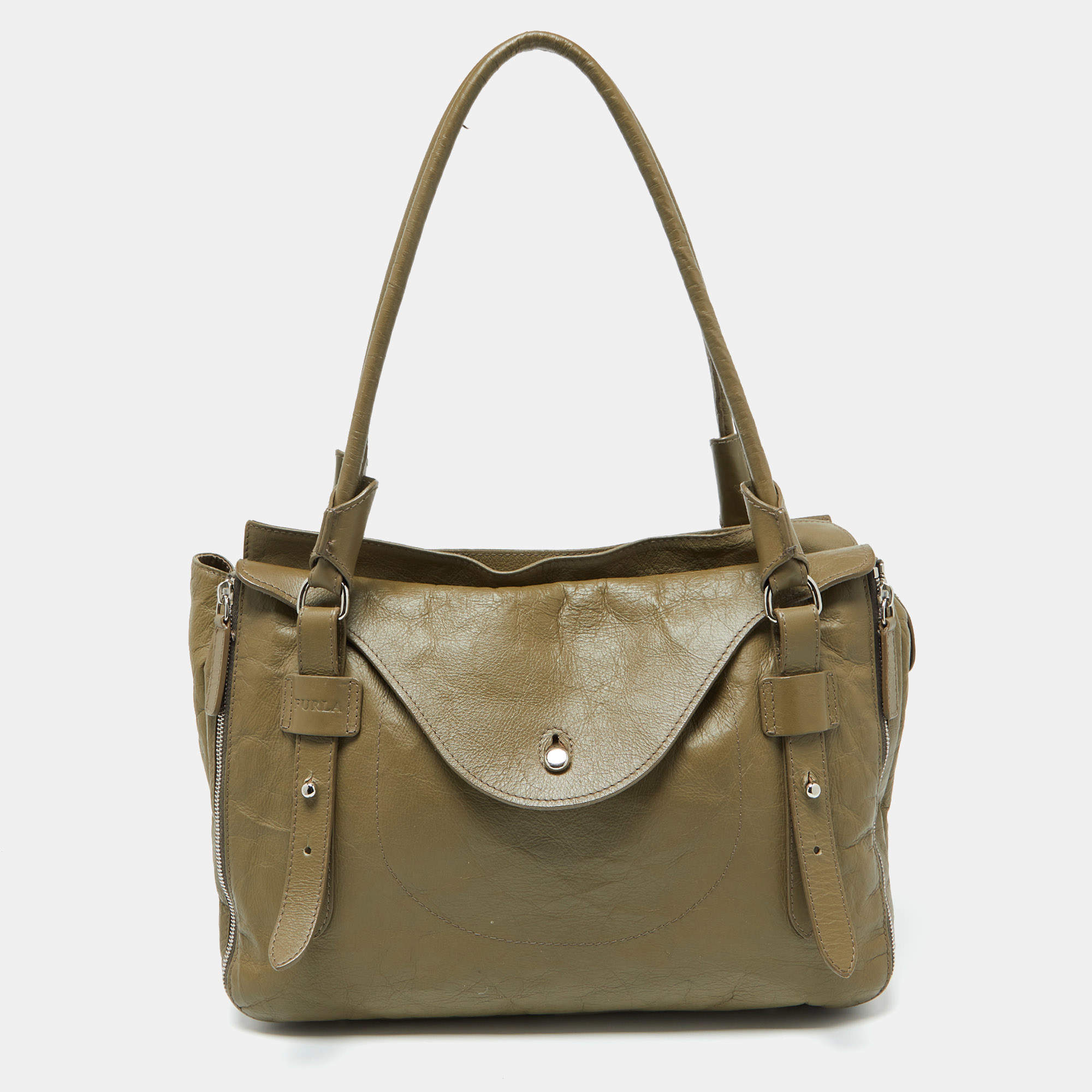 Furla Green Leather Top Zip Tote