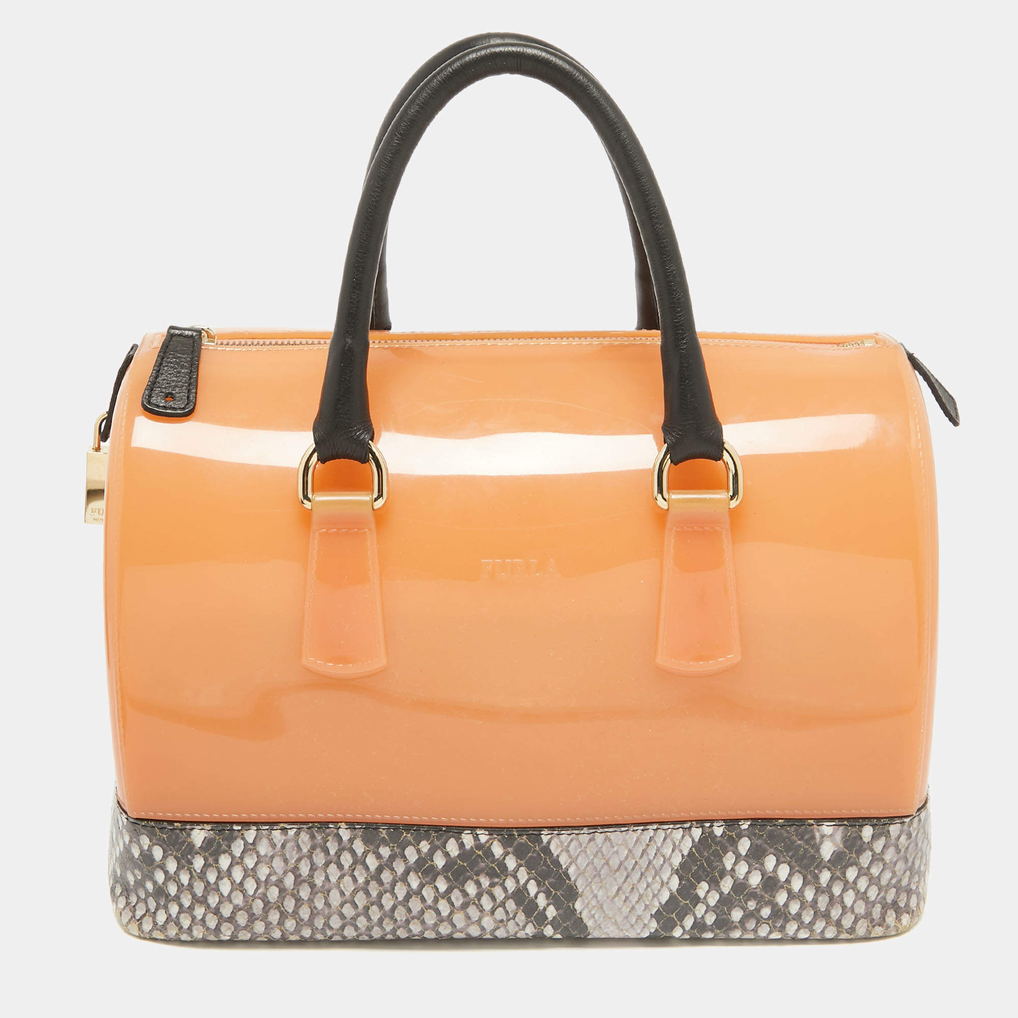 Furla Orange/Grey Rubber and Python Print Leather Medium Candy Satchel