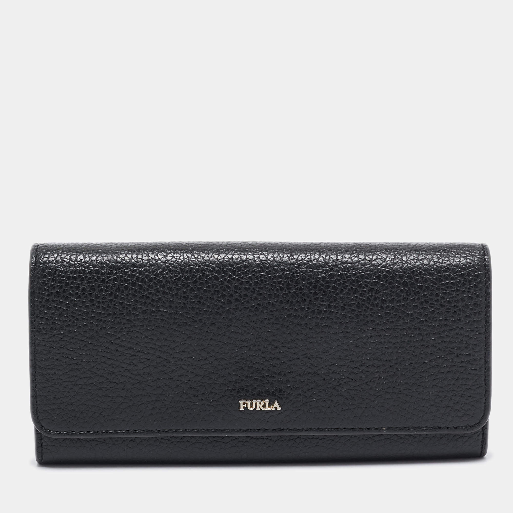 Furla Black Leather Logo Flap Continental Wallet