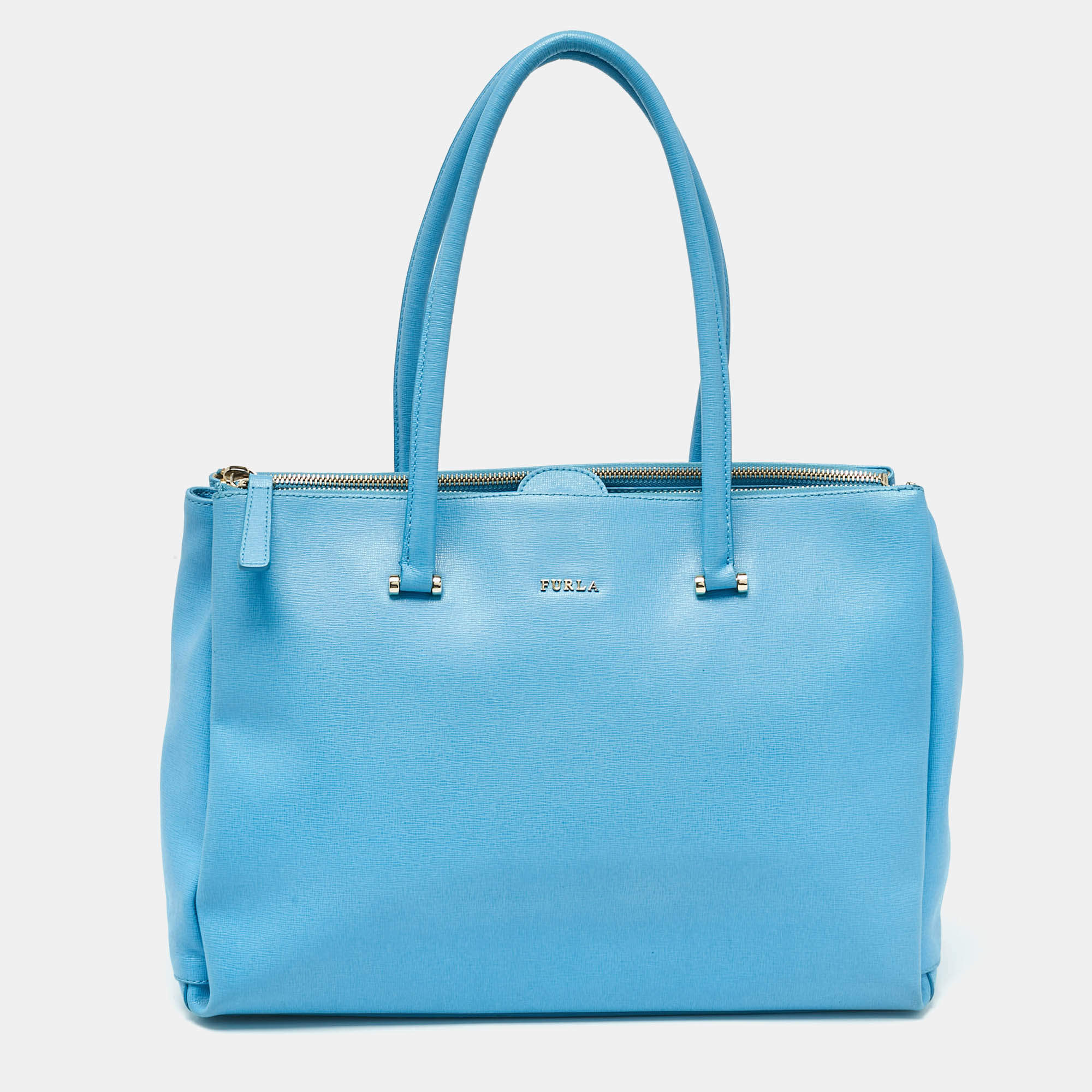 Pre Owned Furla Light Blue Leather Linda Tote
