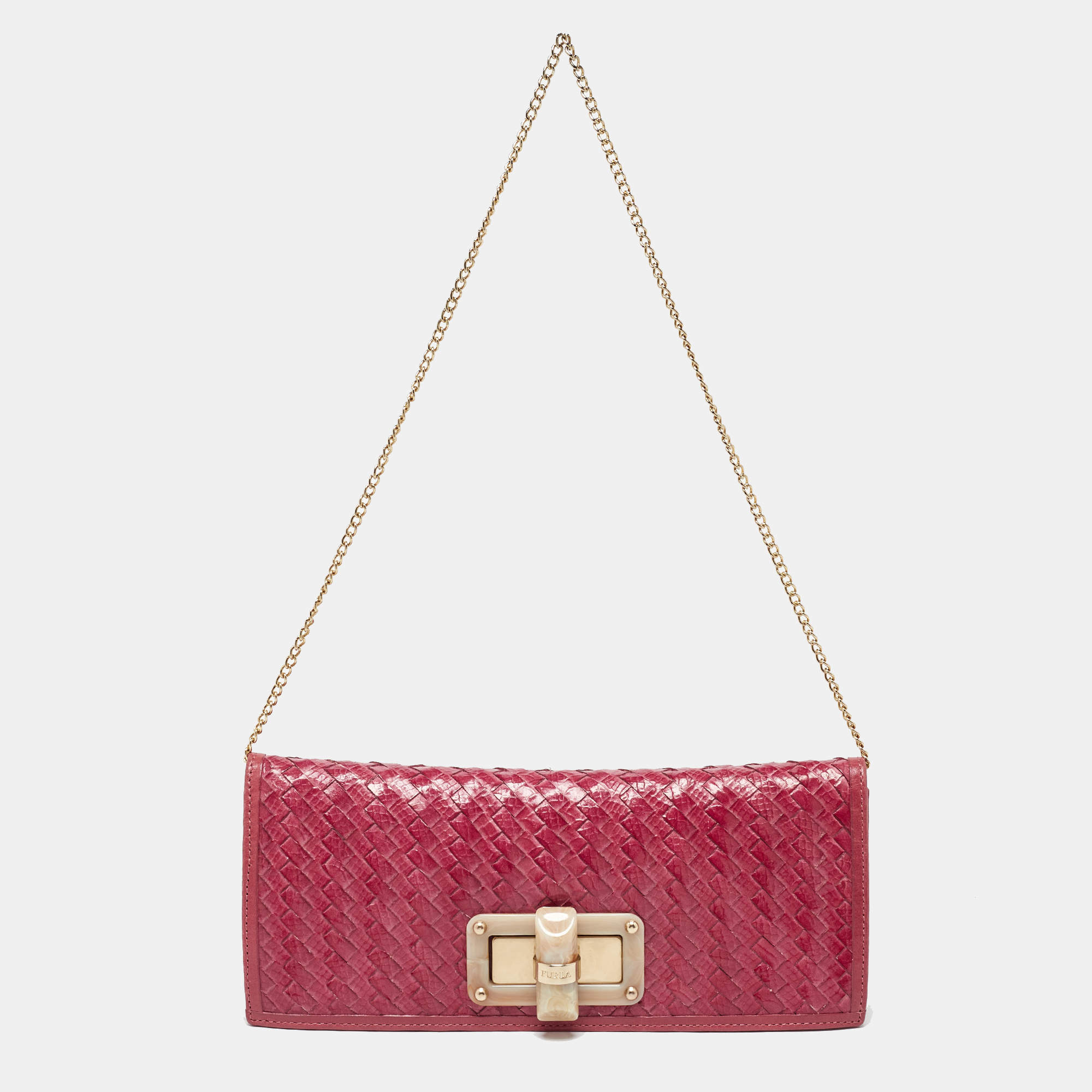 Furla Pink Woven Leather Turnlock Clutch