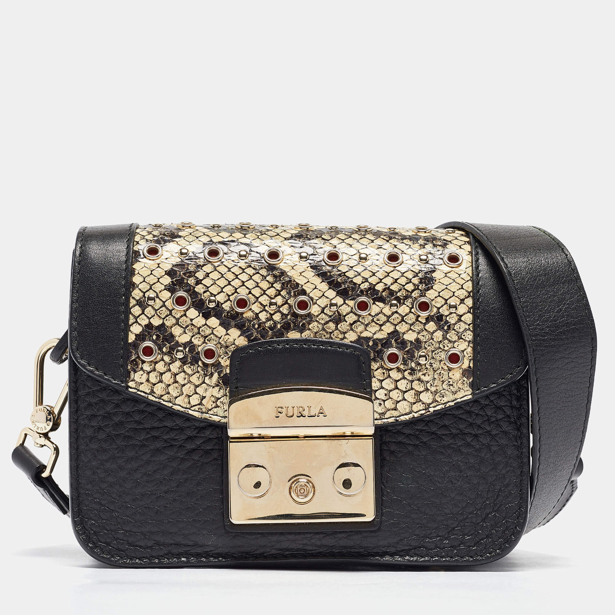 Furla Black/Beige Python Embossed and Leather Mni Metropolis Crossbody Bag