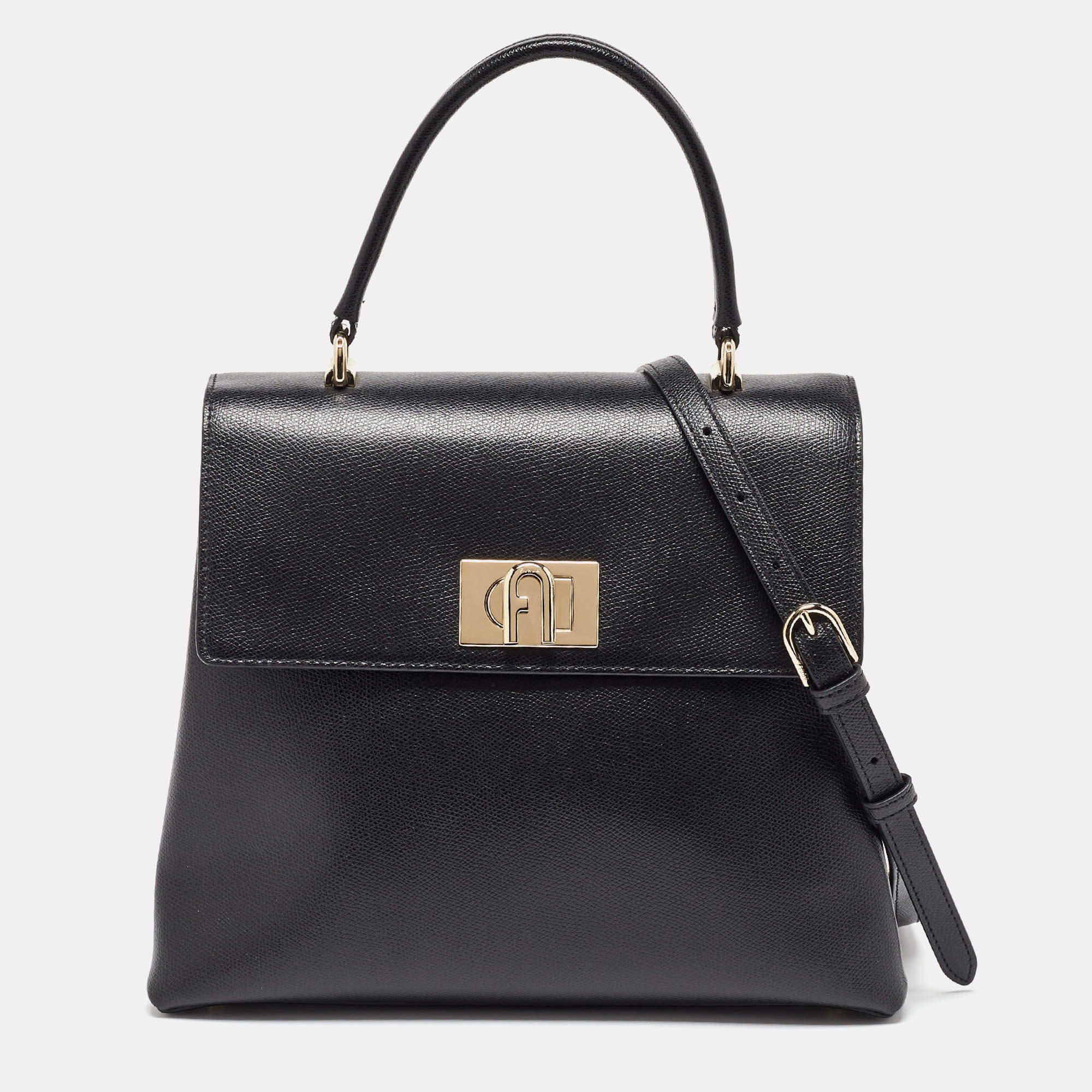 Furla Black Leather 1927 Flap Top Handle Bag