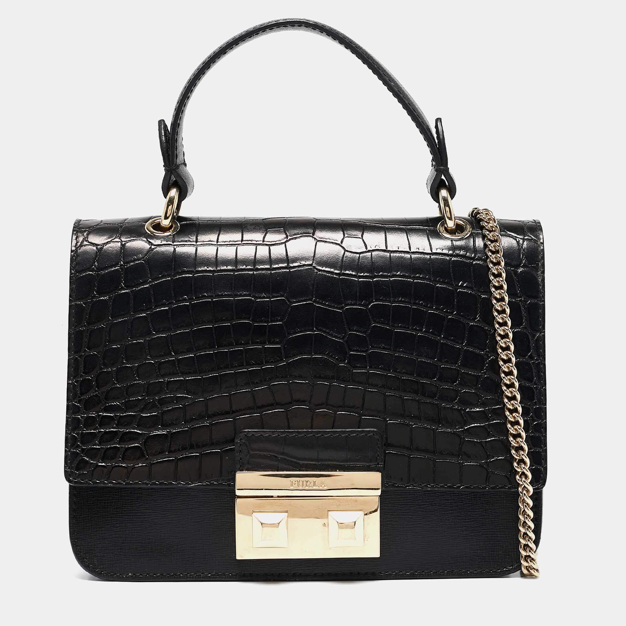 Furla Black Croc Embossed and Leather Mini Bella Top Handle Bag