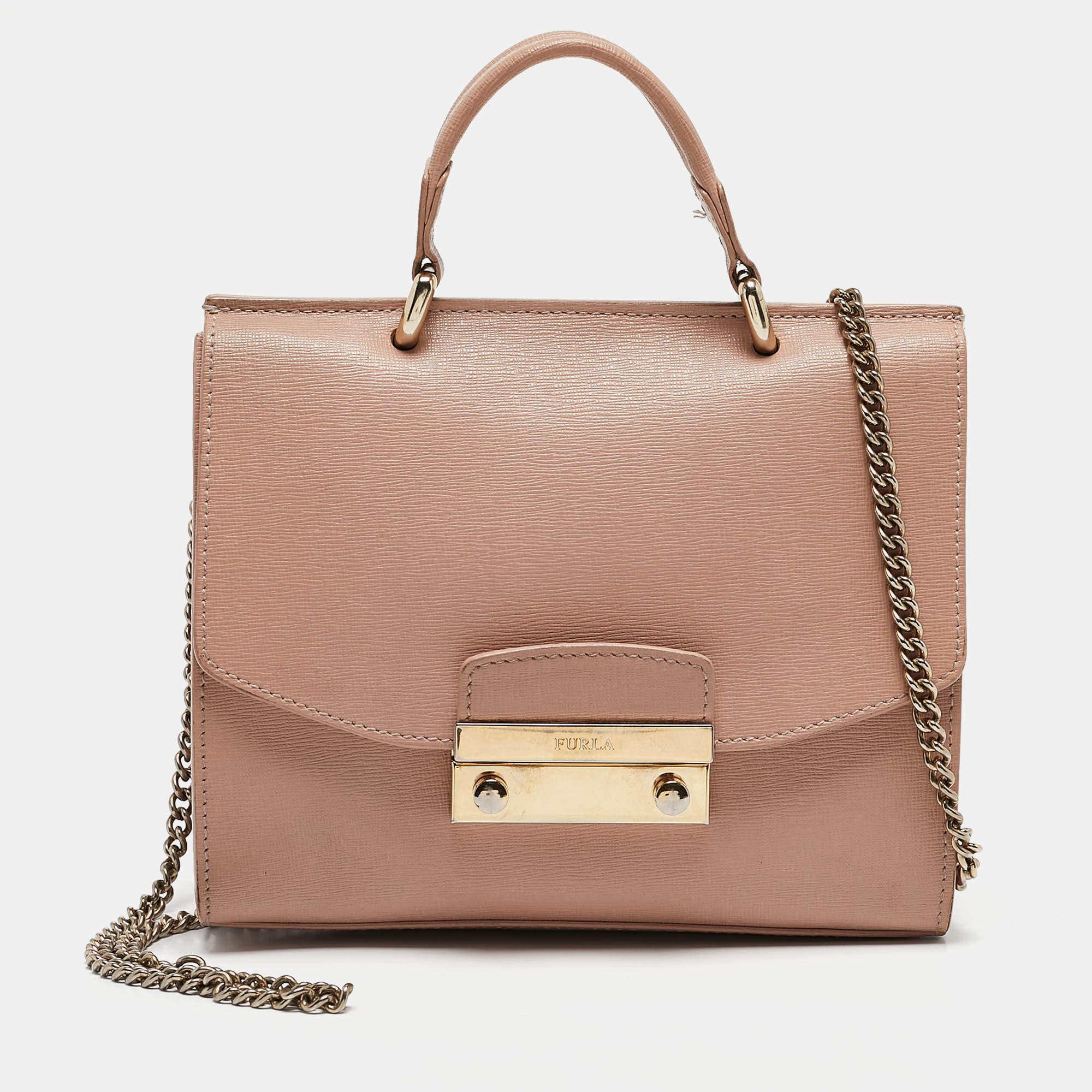 Furla Pale Pink Saffiano Leather Metropolis Flap Top Handle Bag