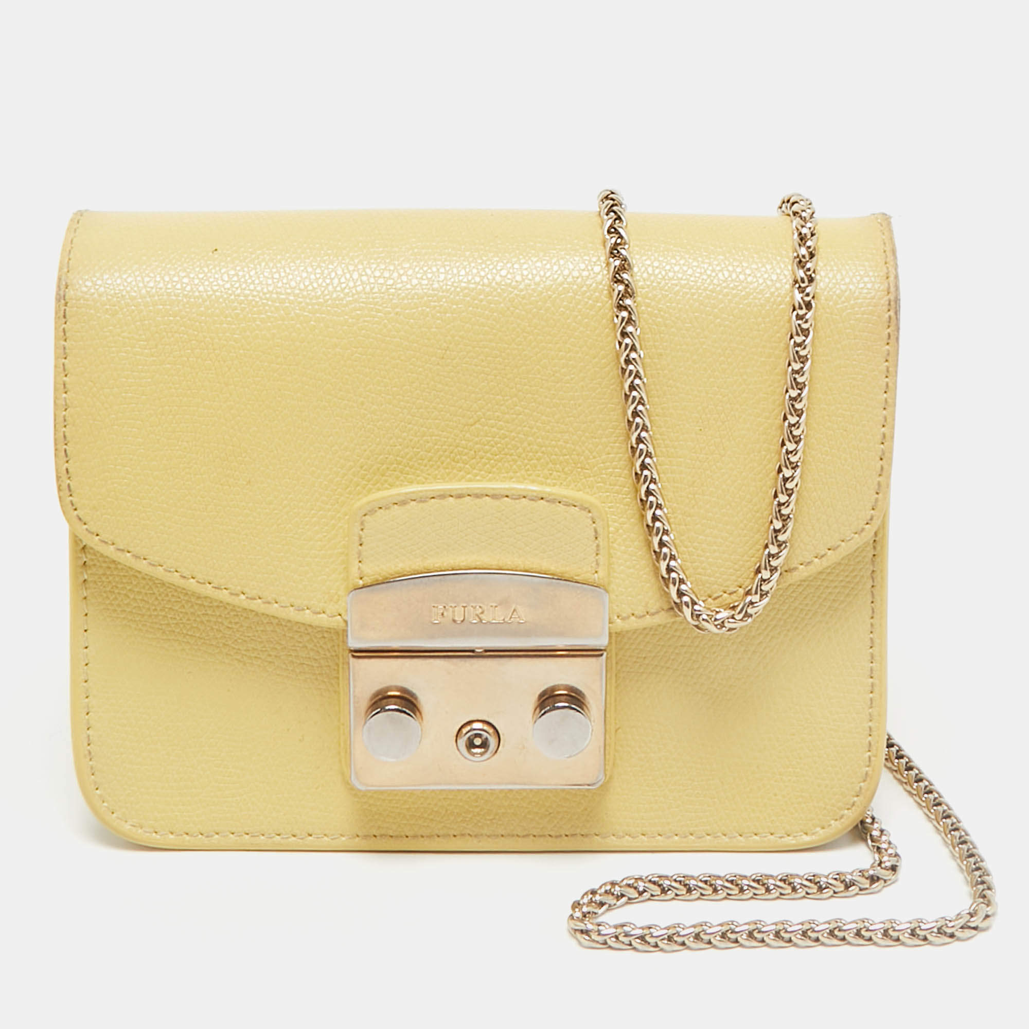 Furla Yellow Leather Mini Metropolis Chain Crossbody Bag