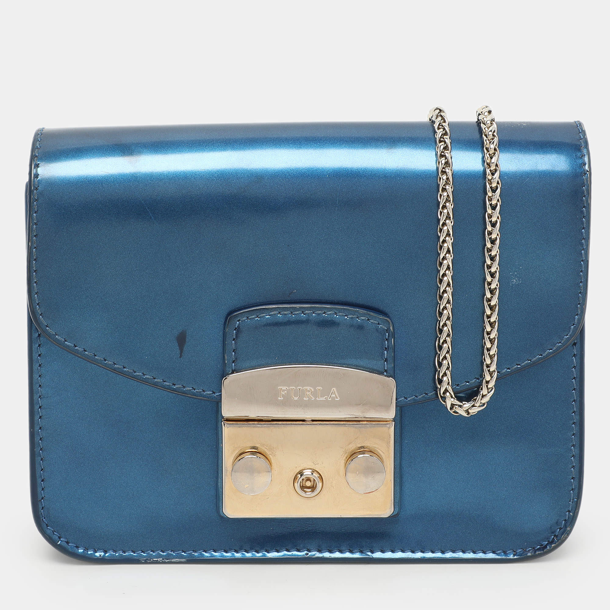 Furla Blue Patent Leather Mini Metropolis Crossbody Bag