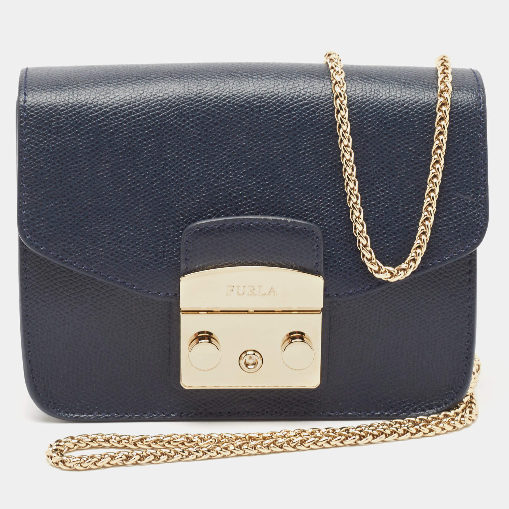 Pre Owned Furla Navy Blue Leather Mini Metropolis Crossbody Bag