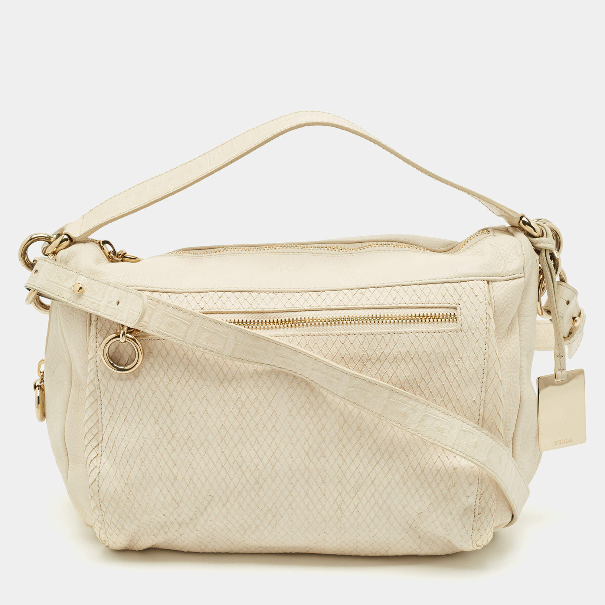 Furla Cream Snakeskin Embossed and Leather Zip Around Crossbody Bag
