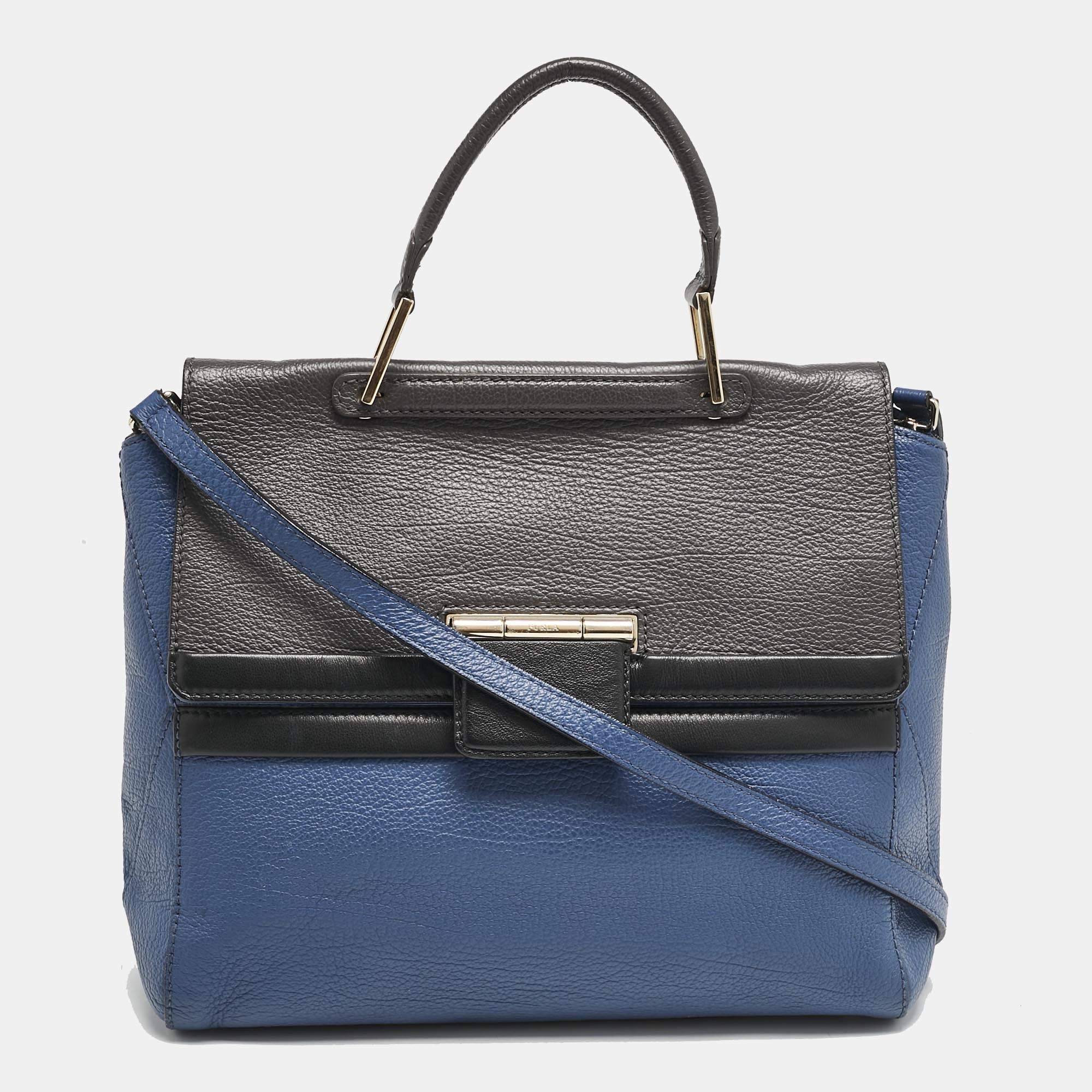 Furla Blue/Grey Leather Artesia Creta Top Handle Bag