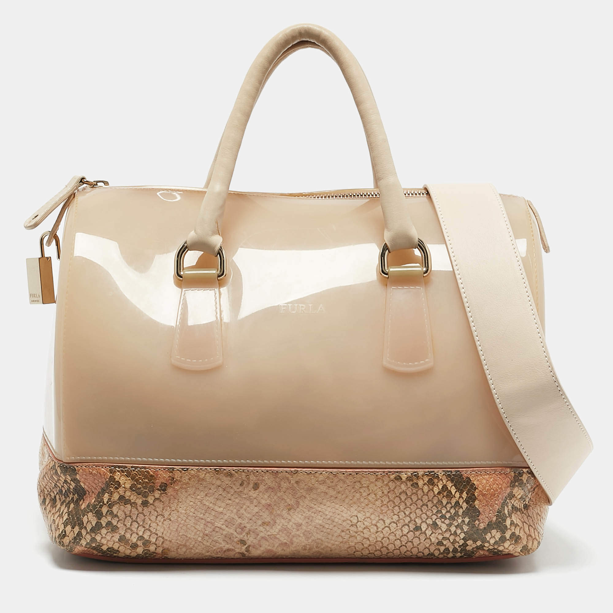 Furla Peach Python Embossed Leather and Rubber Candy Boston Bag