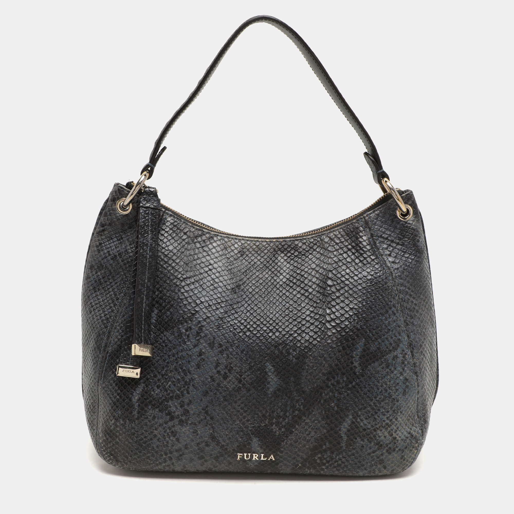 Furla Blue/Black Python Embossed Leather Hobo