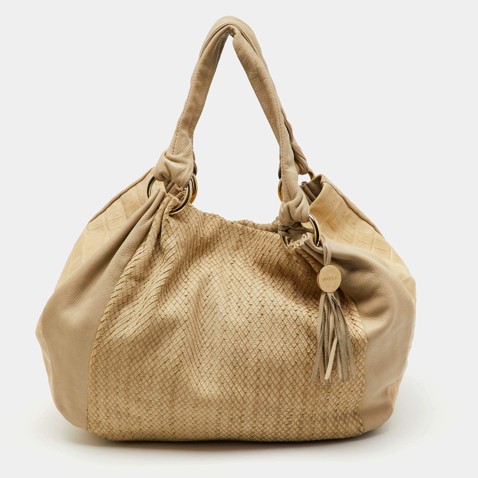 Furla Cream Croc Embossed and Python Embossed Leather Tassel Hobo