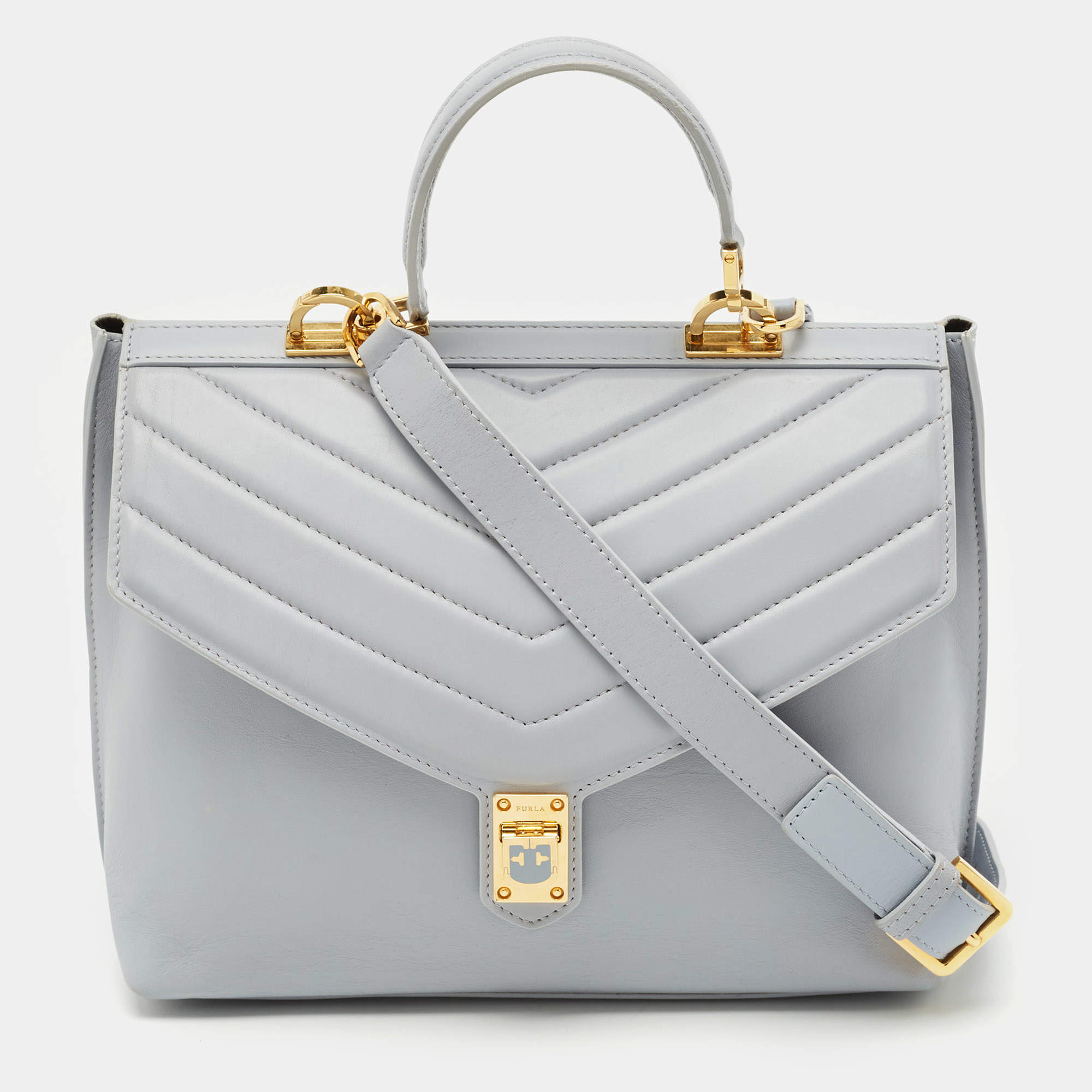 Pre Owned Furla Light Blue Leather Tortona Top Handle Bag