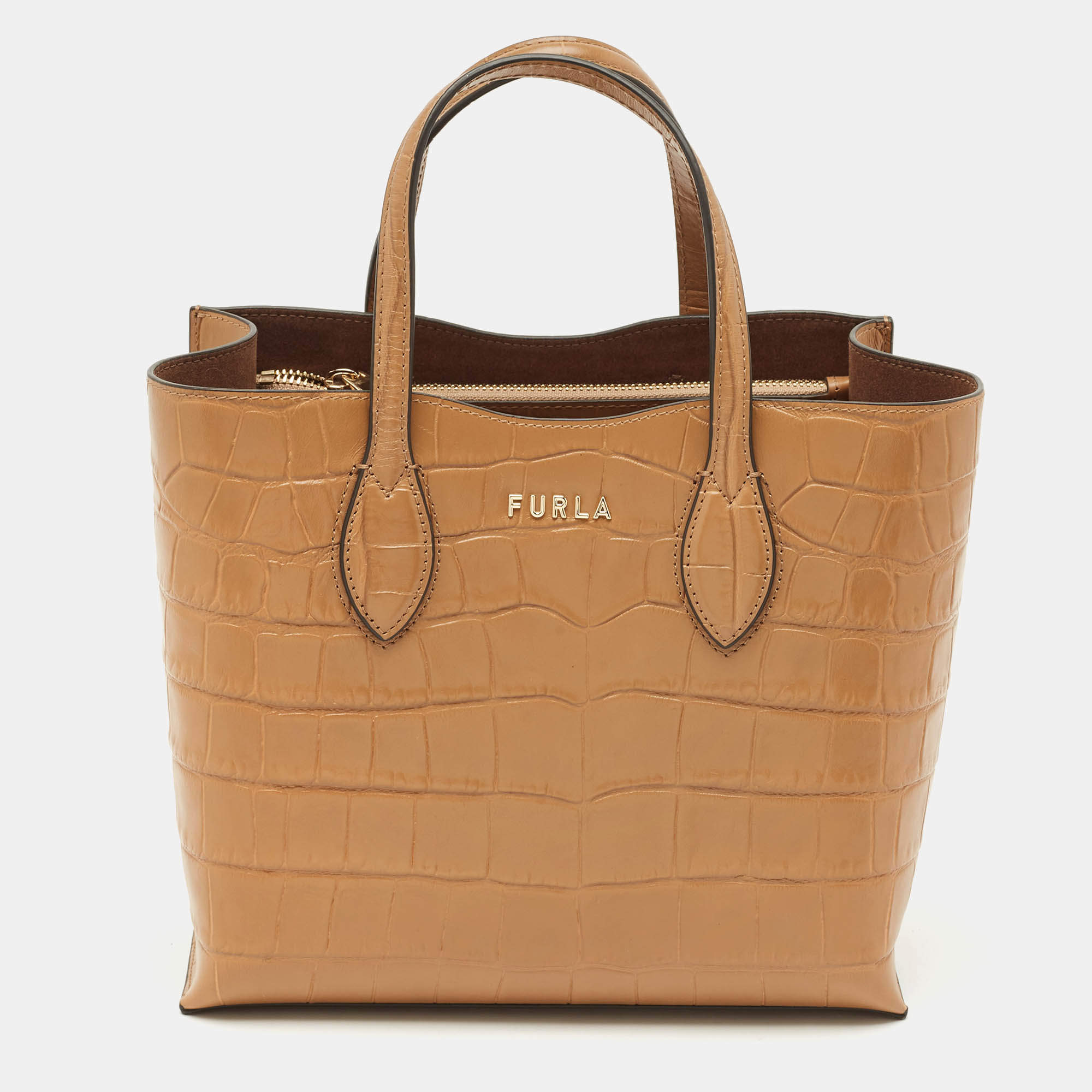 Furla Tan Croc Embossed Leather Tote