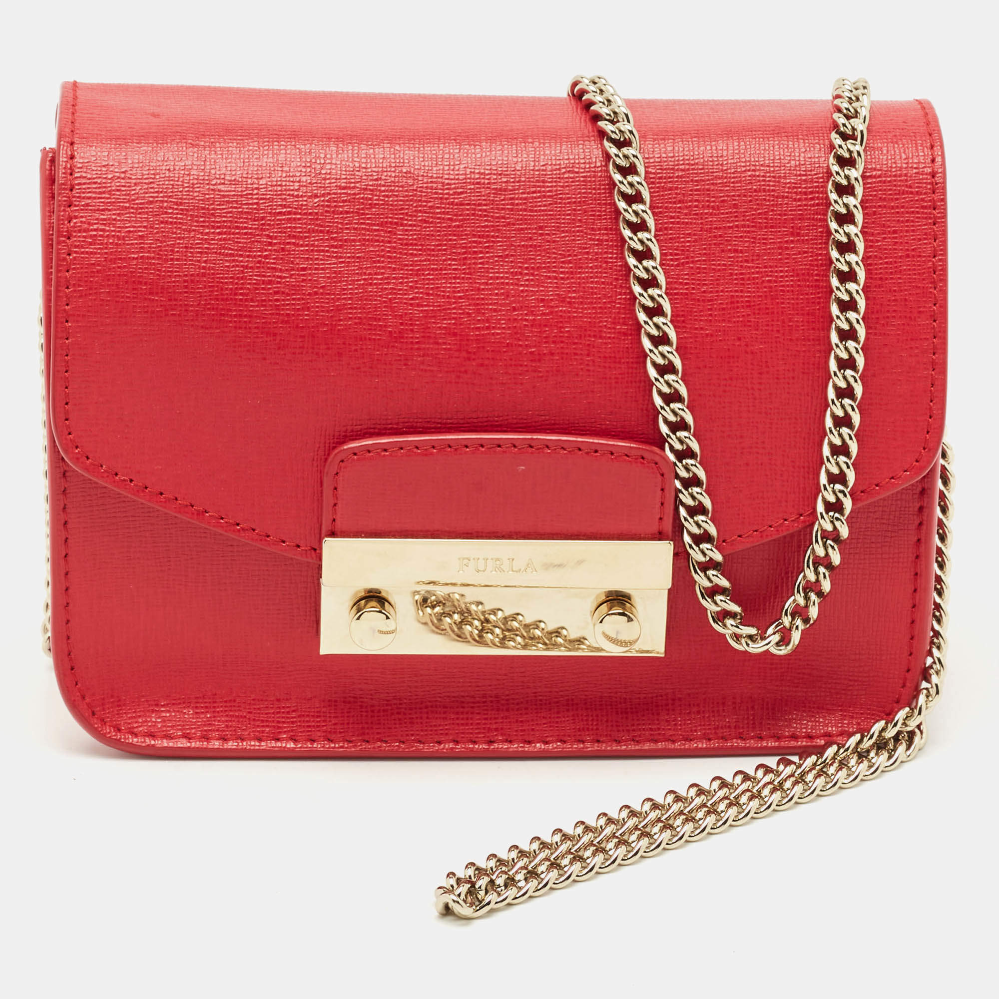 Furla Red Leather Mini Metropolis Chain Shoulder Bag
