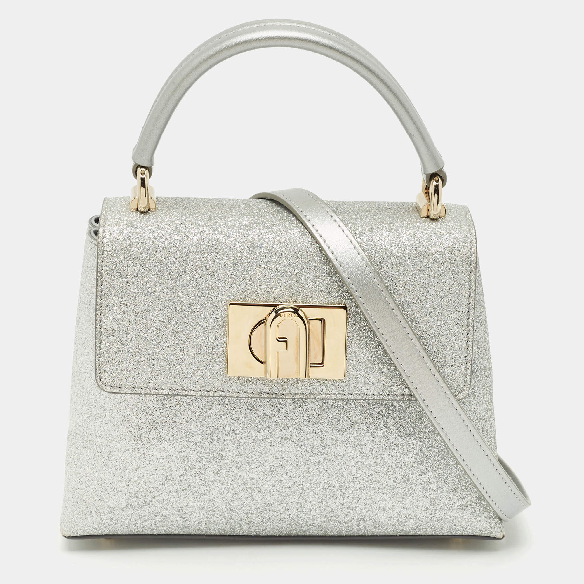 Furla Silver Glitter and Leather Mini 1927 Top Handle Bag