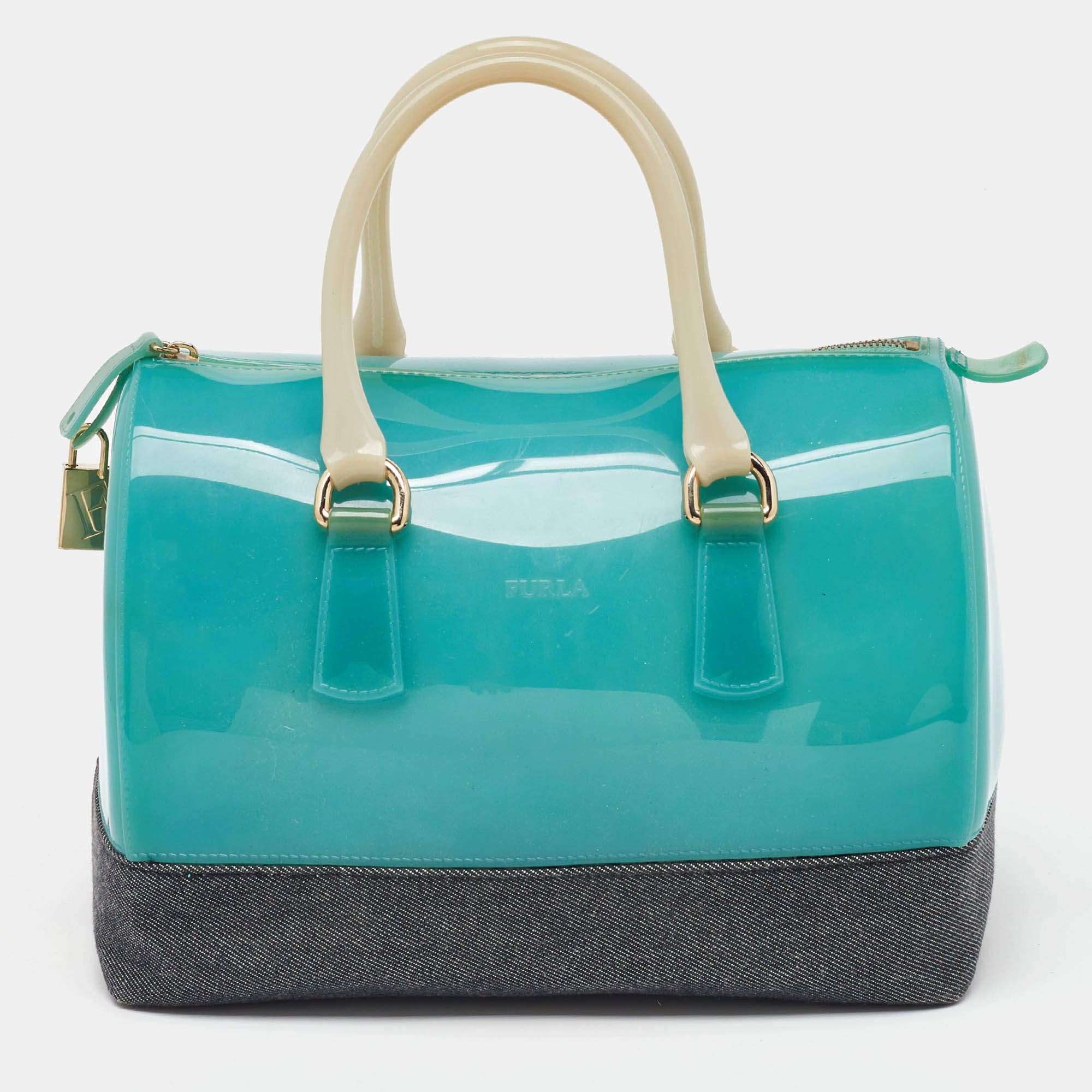Pre Owned Furla Teal Blue/Black Rubber and Denim Candy Bag