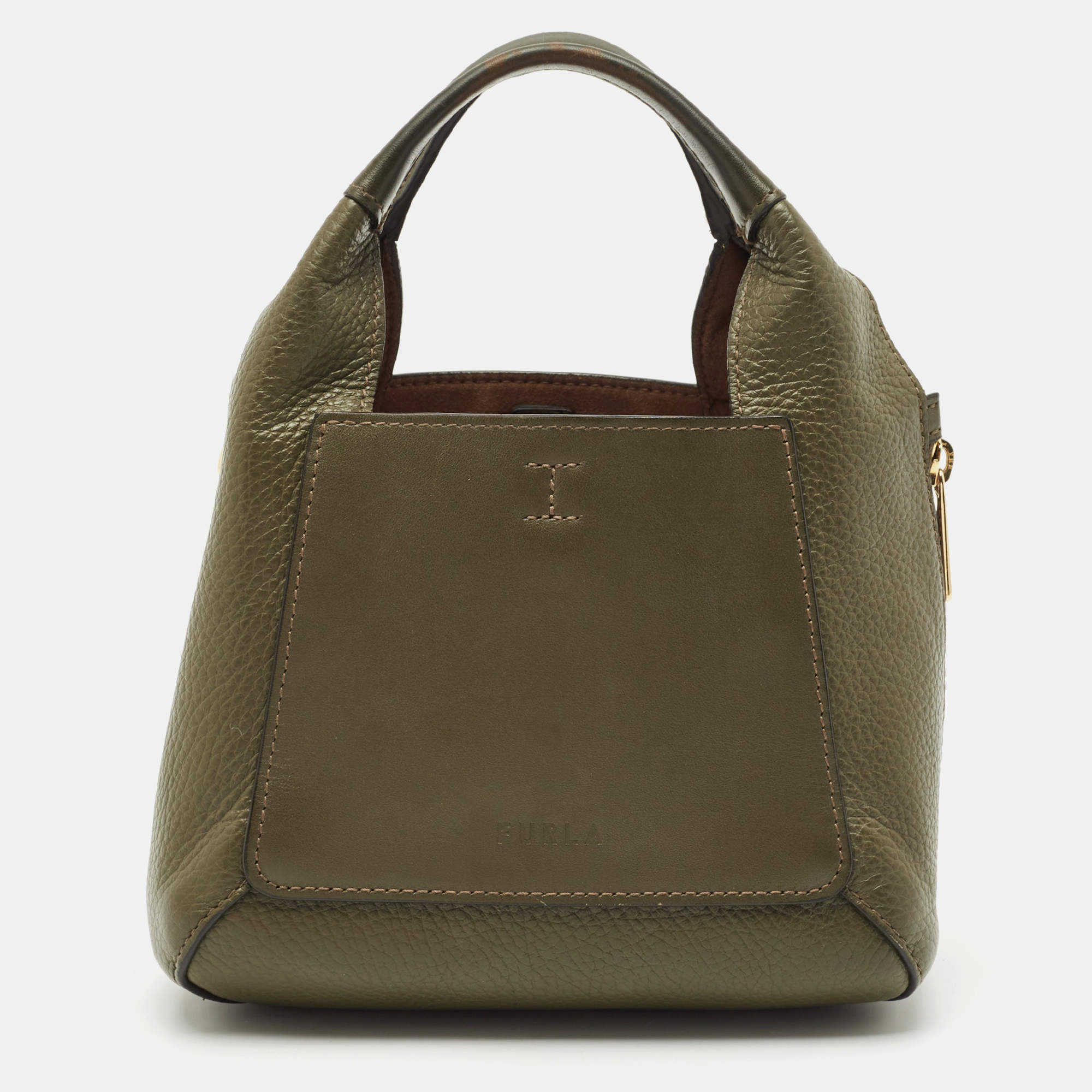 Pre Owned Furla Olive Green Leather Mini Gilda Tote
