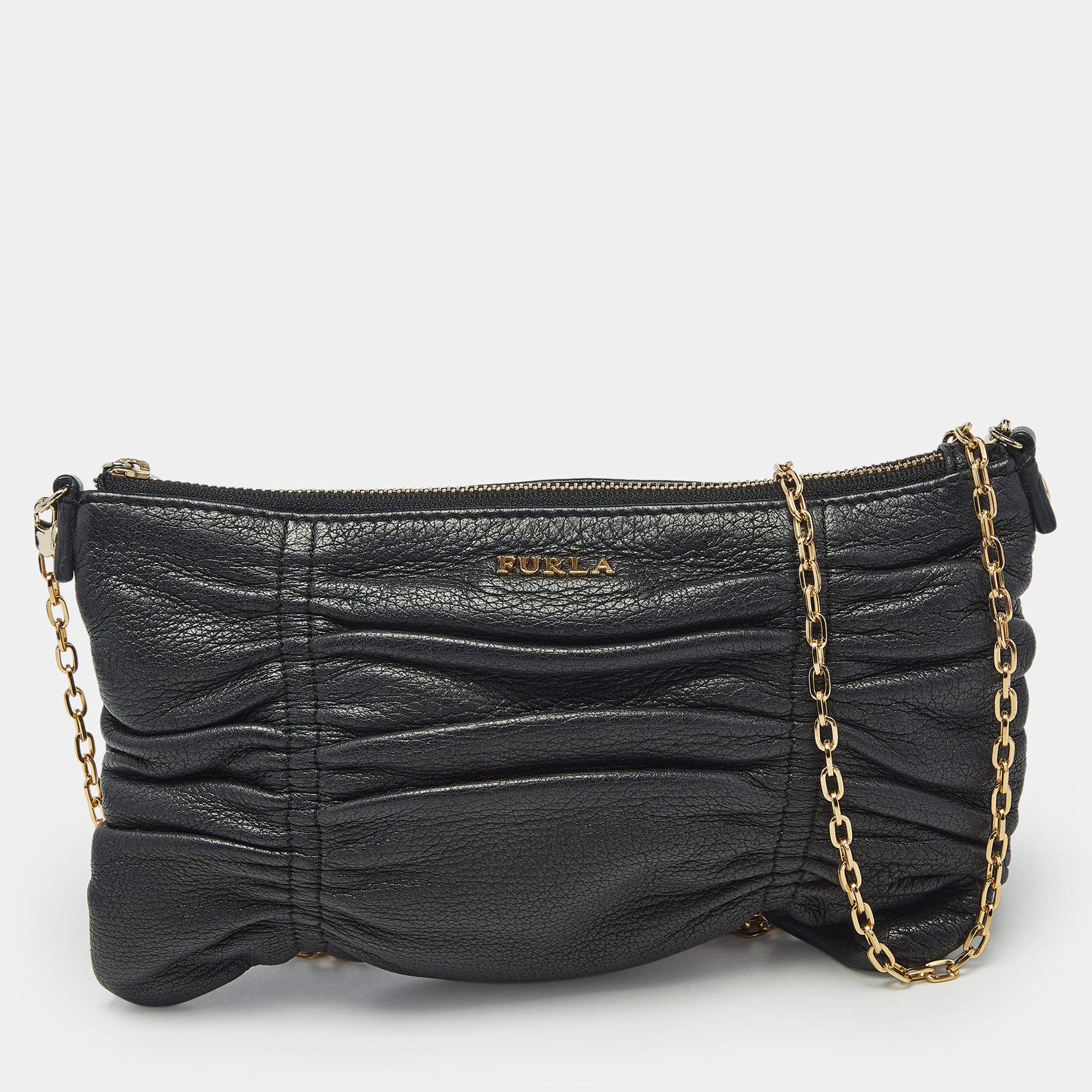 Pre Owned Furla Black Gathered Leather Chain Crossbody Bag