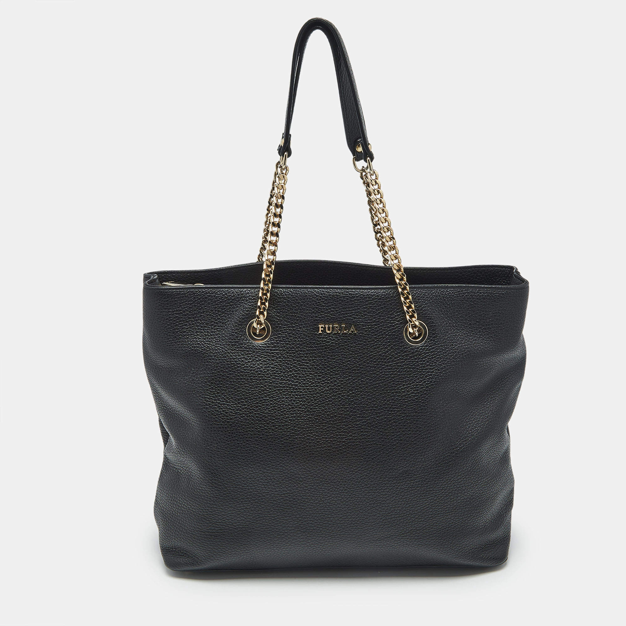 Pre Owned Furla Black Leather Julia Chain Tote