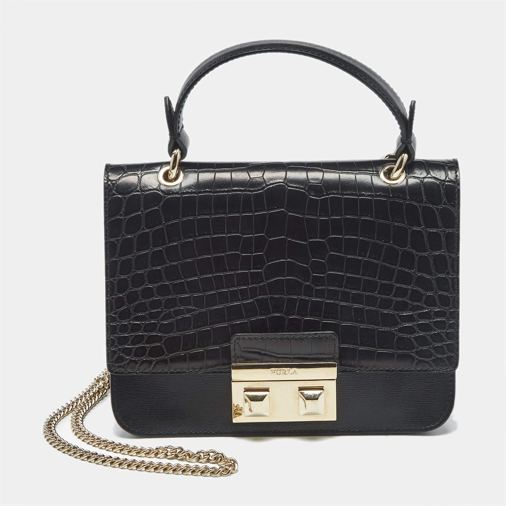 Pre Owned Furla Black Croc Embossed and Leather Mini Bella Top Handle Bag